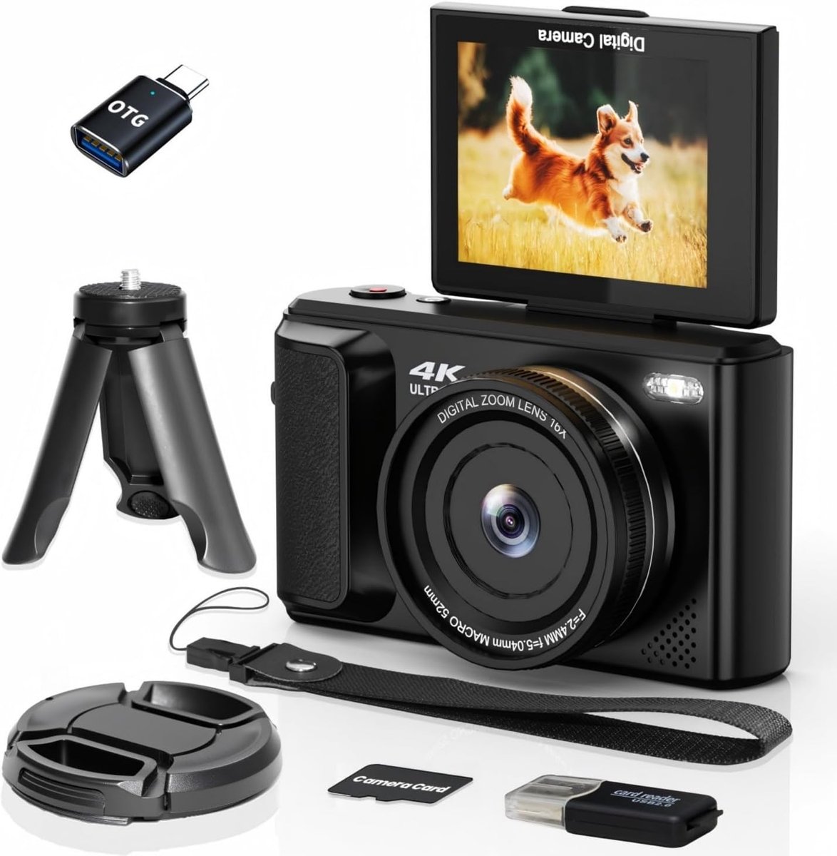 SnelShoppen - 4K Digitale Camera met 2.8" Rotatiescherm, 16X Zoom, Compact Reiscamera, Inclusief Geheugenkaart en 1500mAh Batterij, Perfect voor Vlogg