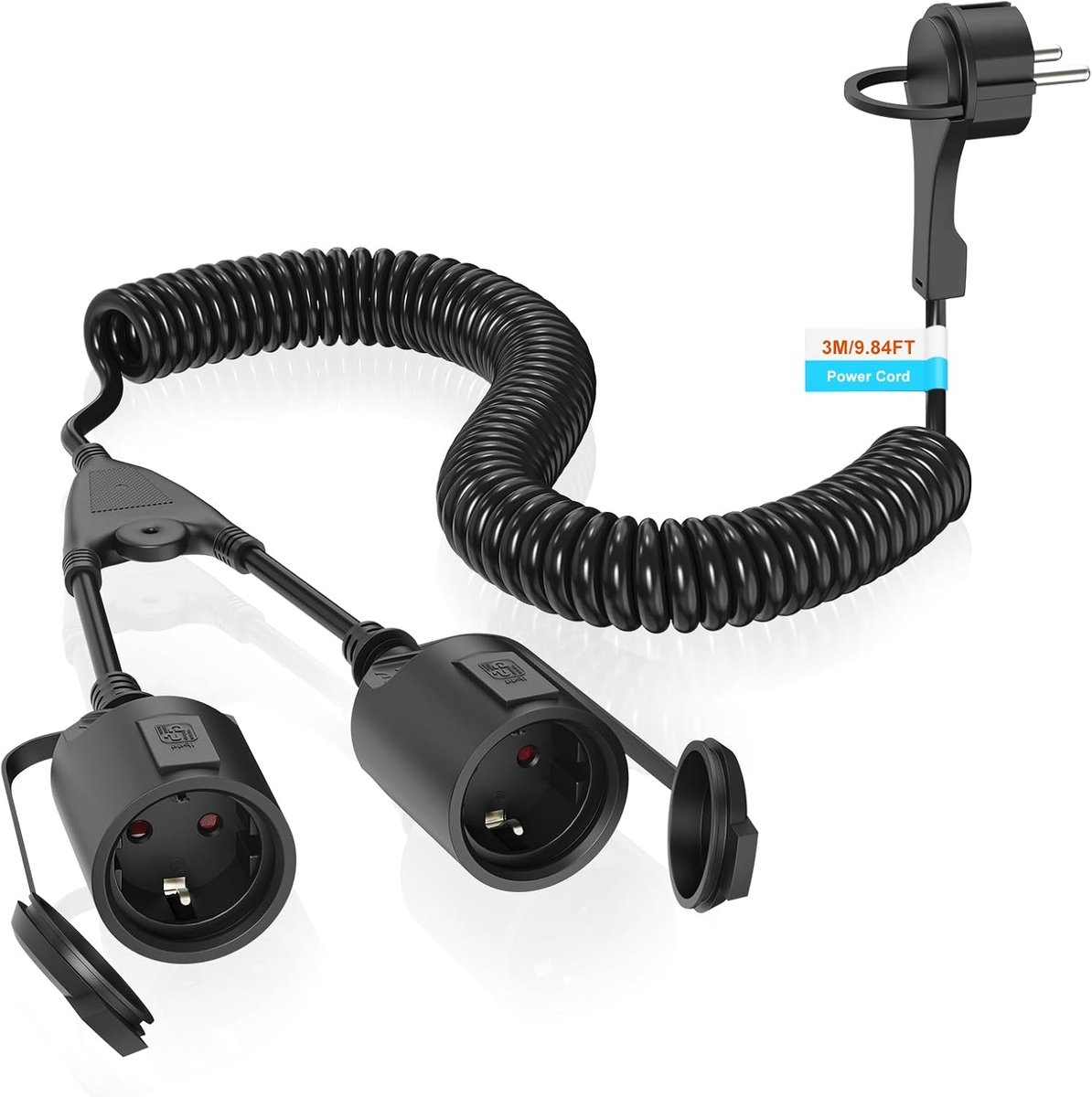 SnelShoppen - 3 m Spiral Extension Cable met 2 Schuko Sockets, Stretchable tot 3 m, IP44 Buiten, Tuin, Bouwplaats, Werkplaats, Zwart, 250 V/16 A