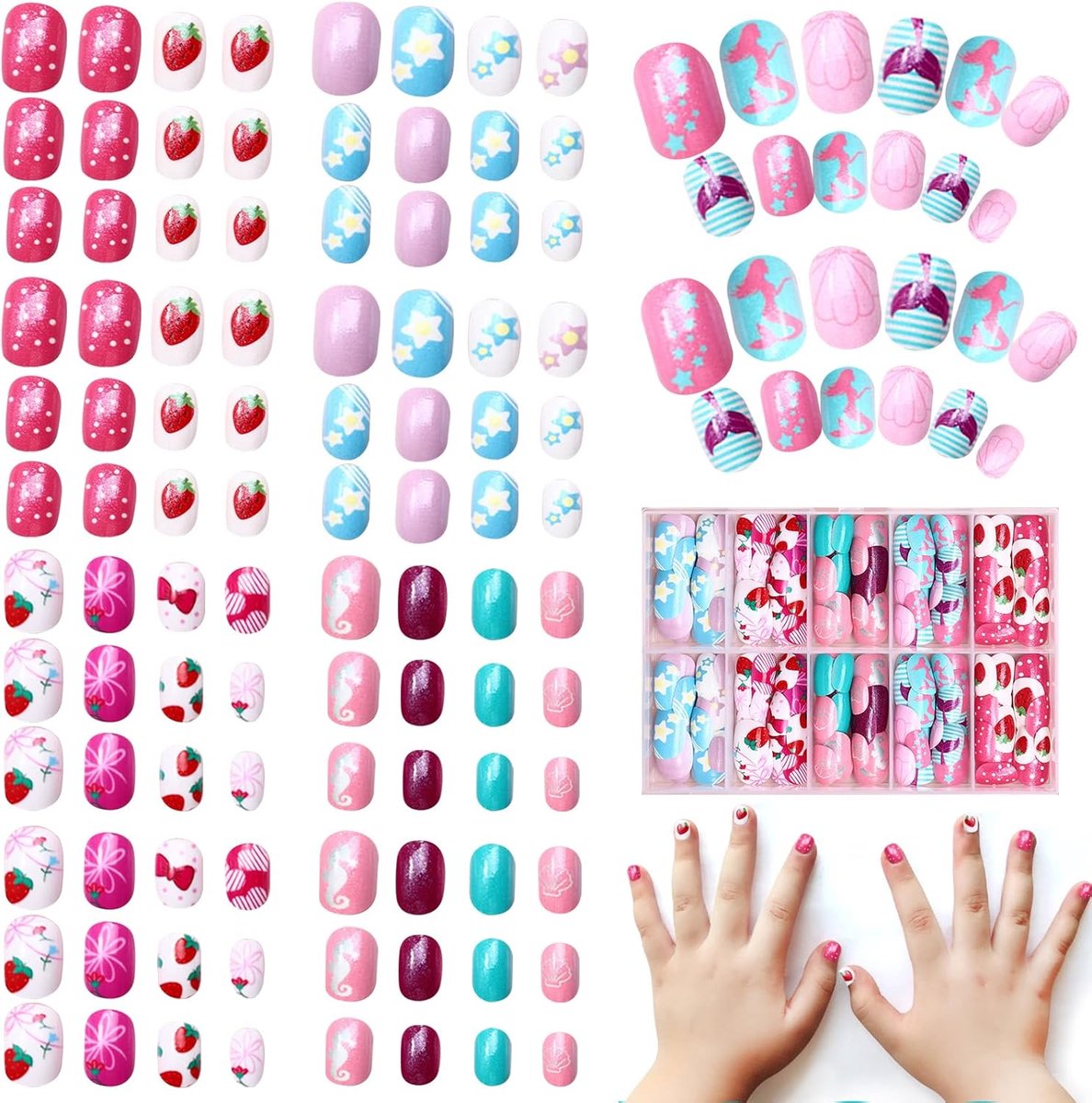 SnelShoppen - 120 Pcs Kinder Nagelset voor Meisjes, Korte Druk Nagels, Schattige Ontwerpen met Aardbeien en Kleurrijke Motieven, Perfect voor Feestjes
