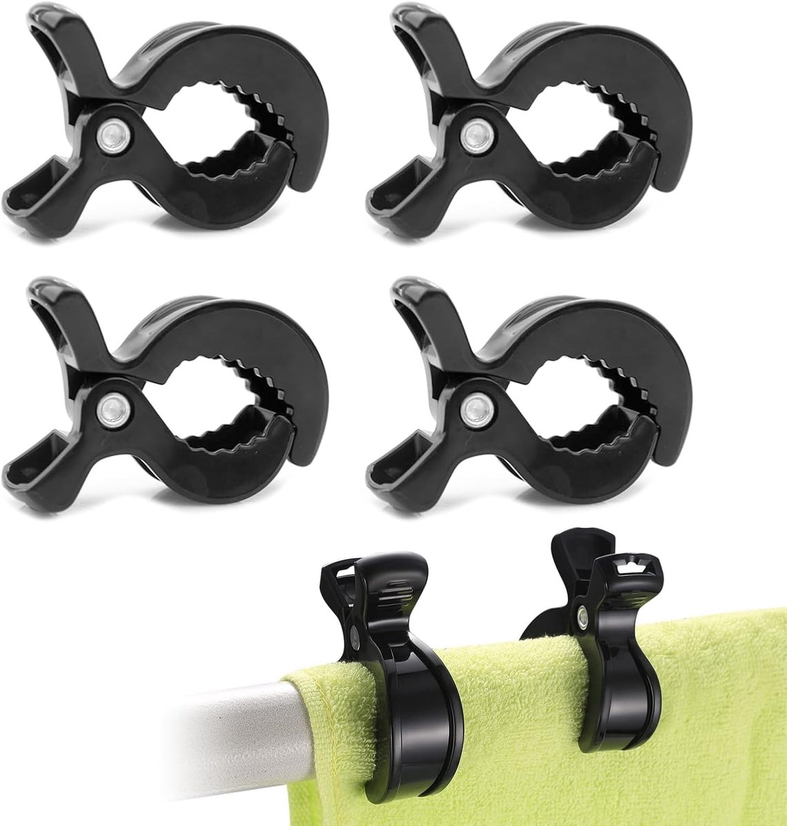 SnelShoppen - 4 Stuks Universele Pram Clips - Stroller Clamps, Zwart, Voor Kinderwagens, Camping, Tuintafels, Kleding, Hoogwaardige ABS Materialen, 7.