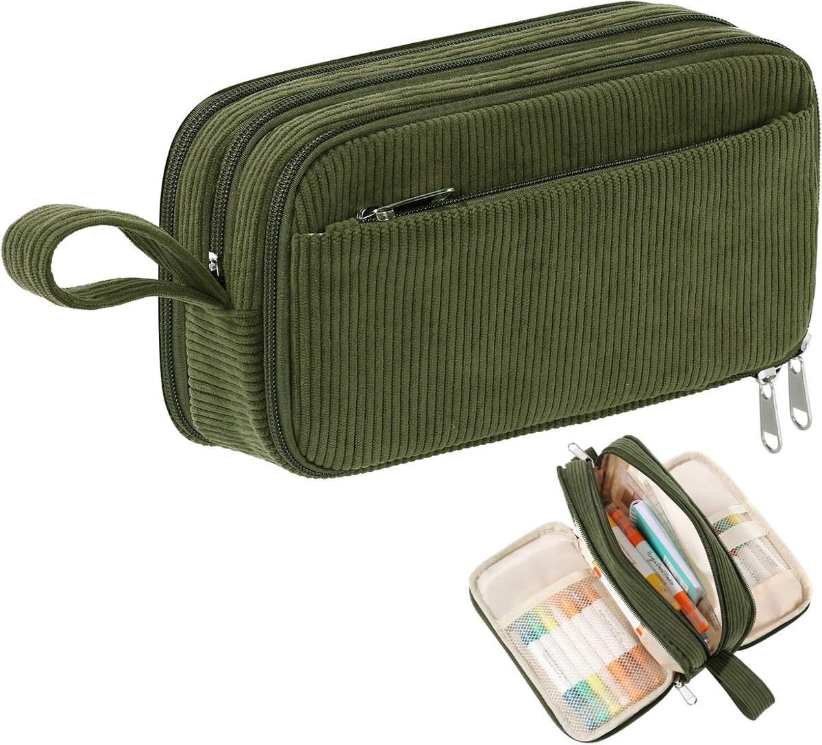 SnelShoppen - Grote Capaciteit Kawaii Pennenhouder, Aesthetic Pencil Case, Groene Corduroy Etui, Schoolbenodigdheden voor Tiener en Volwassenen, Casua