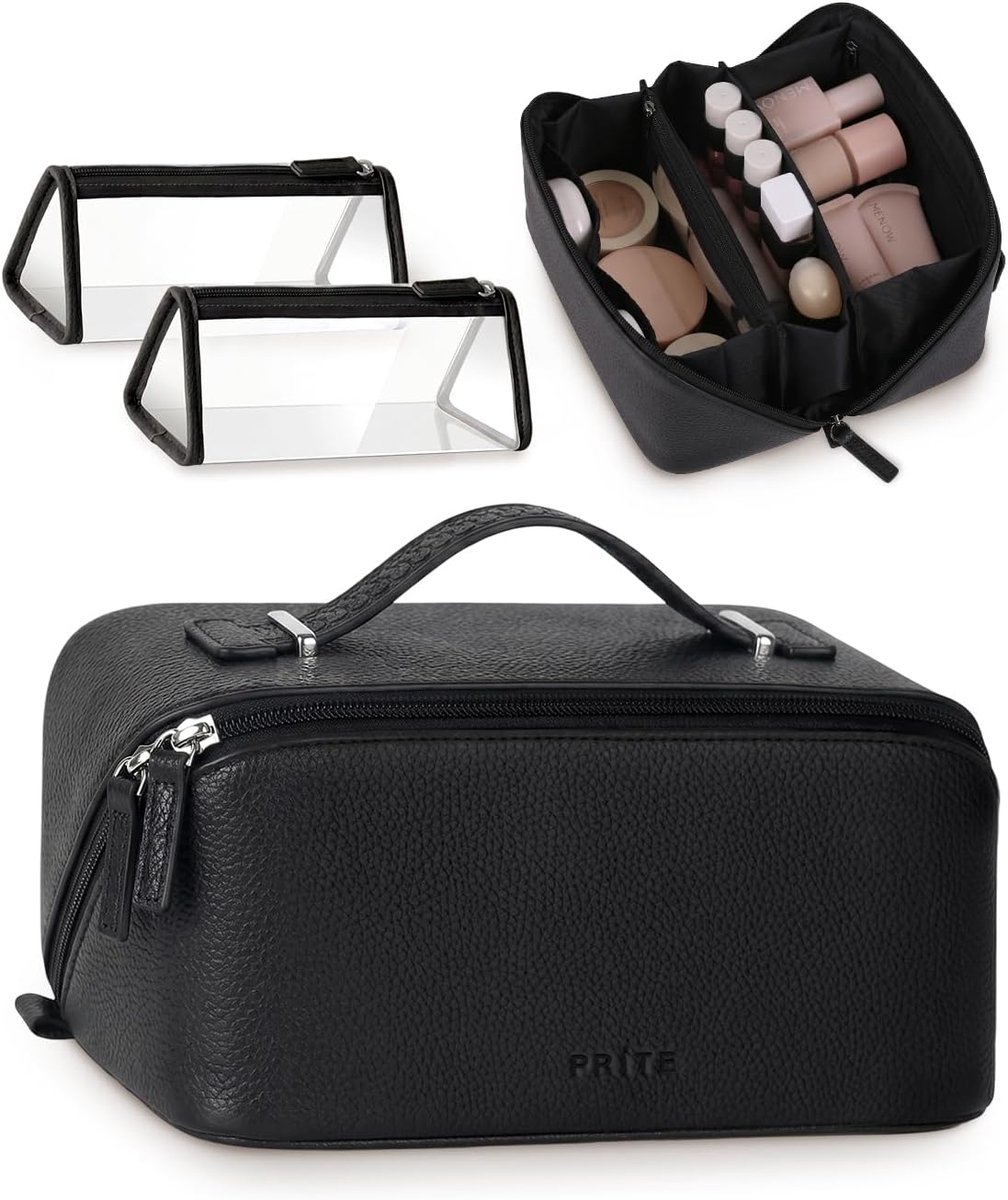 SnelShoppen - 3-delige Reismake-uptas voor Vrouwen - Cosmetische Tas, Toilettas, Waterbestendig - 3 Compartimenten, Borstelhouder, Kiezelleer, Zwart,