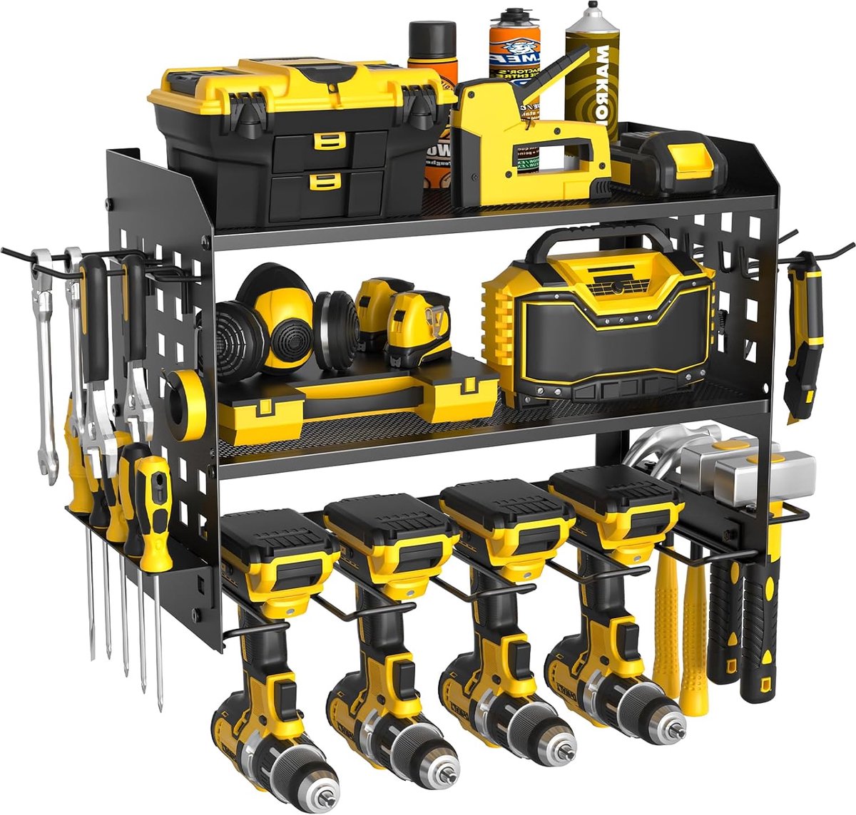 SnelShoppen - 3 Tier Tool Storage - Heavy Duty Tool Rack voor 4 Boorhouders - Industrieel Staal - Wandrek voor Garage, Werkplaats, Thuis - Zwart