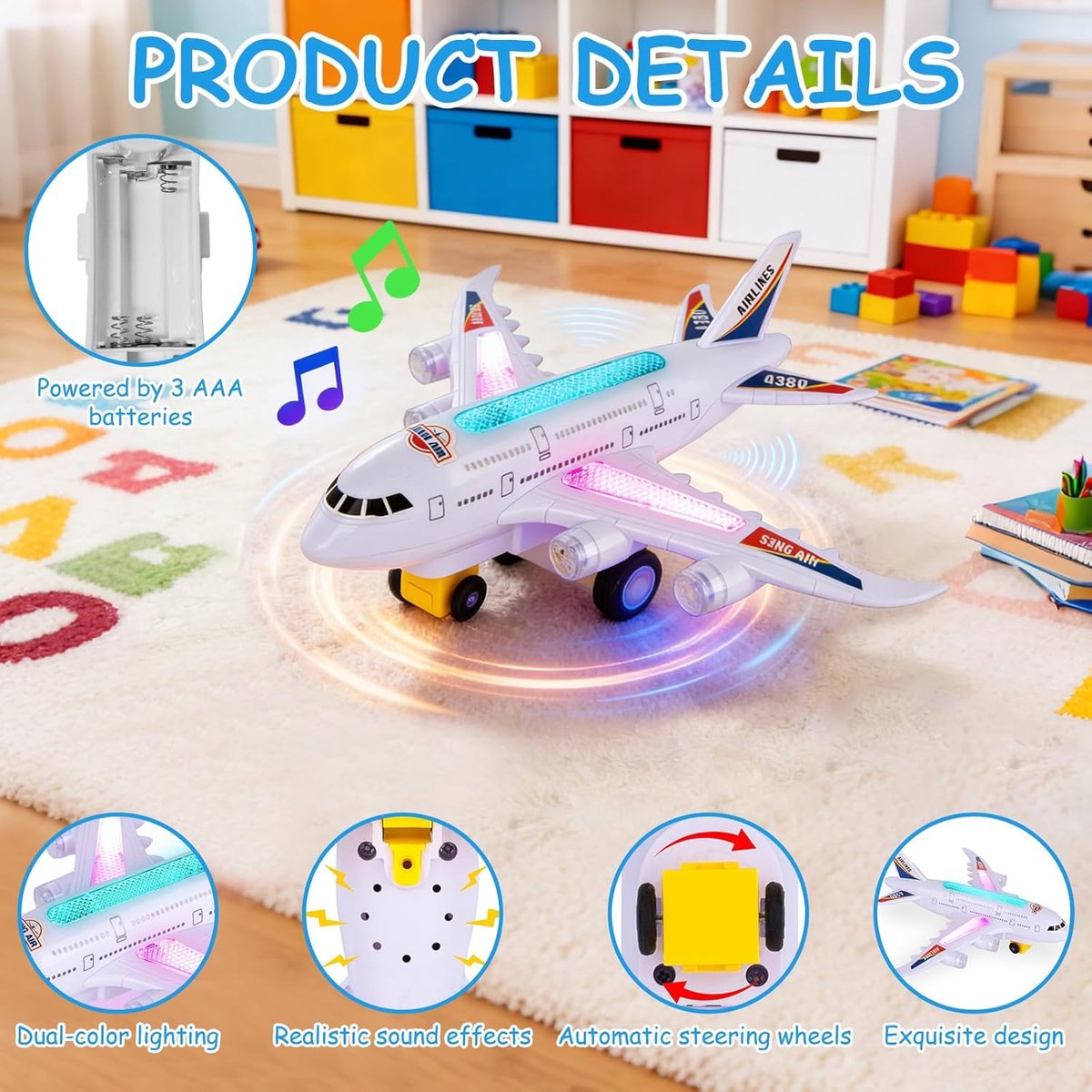 SnelShoppen - Vliegtuigspeelgoed voor Kinderen - Verlicht Elektrisch Speelgoedvliegtuig met Startgeluiden en LED-verlichting - Bump-and-Go Functie - P