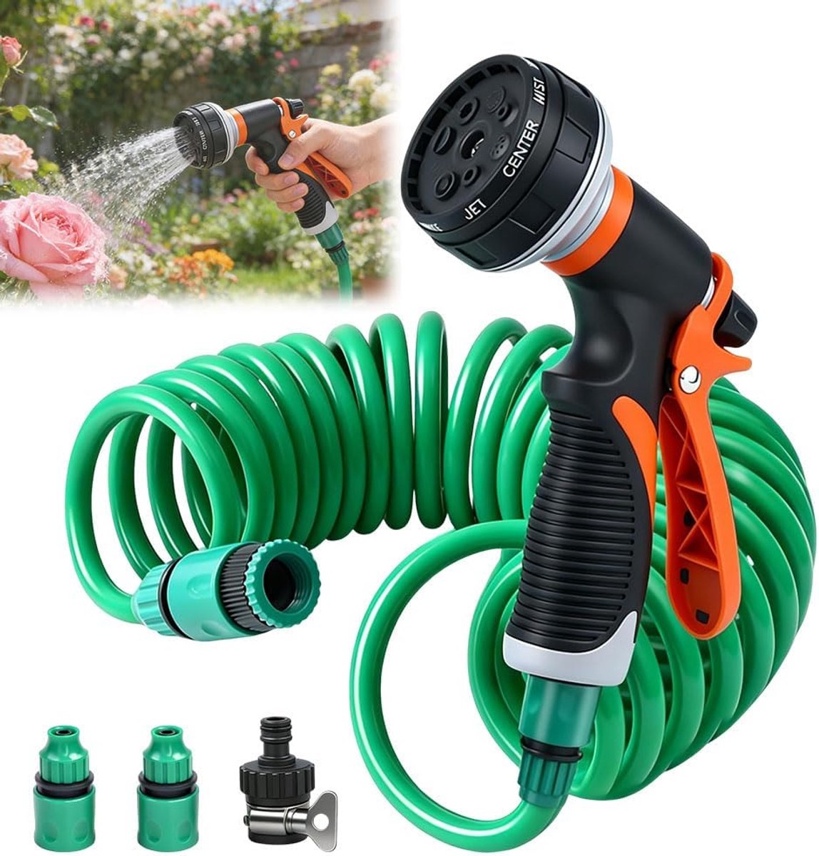 SnelShoppen - Spiral Tuinslang 10 m Flexibel met Verstuiver, Ideaal voor Tuin, Auto Wassen en Irrigatie, Ergonomisch en Handzaam Design