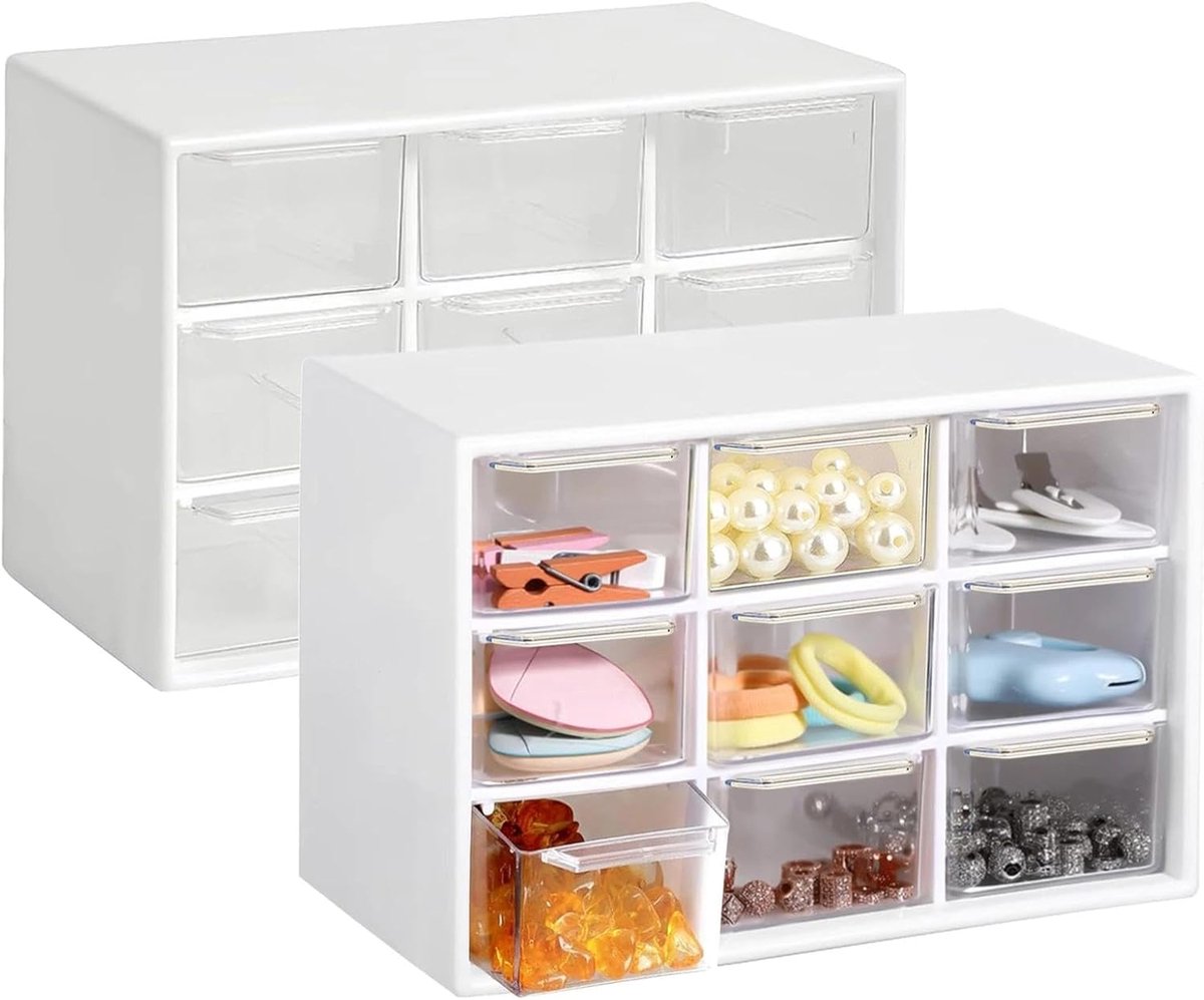 SnelShoppen - 2-delige Kawaii Bureaublad Organizer met 9 Mini Lades - Desk Storage Box voor Kantoorbenodigdheden en Creatieve Accessoires - Transparan