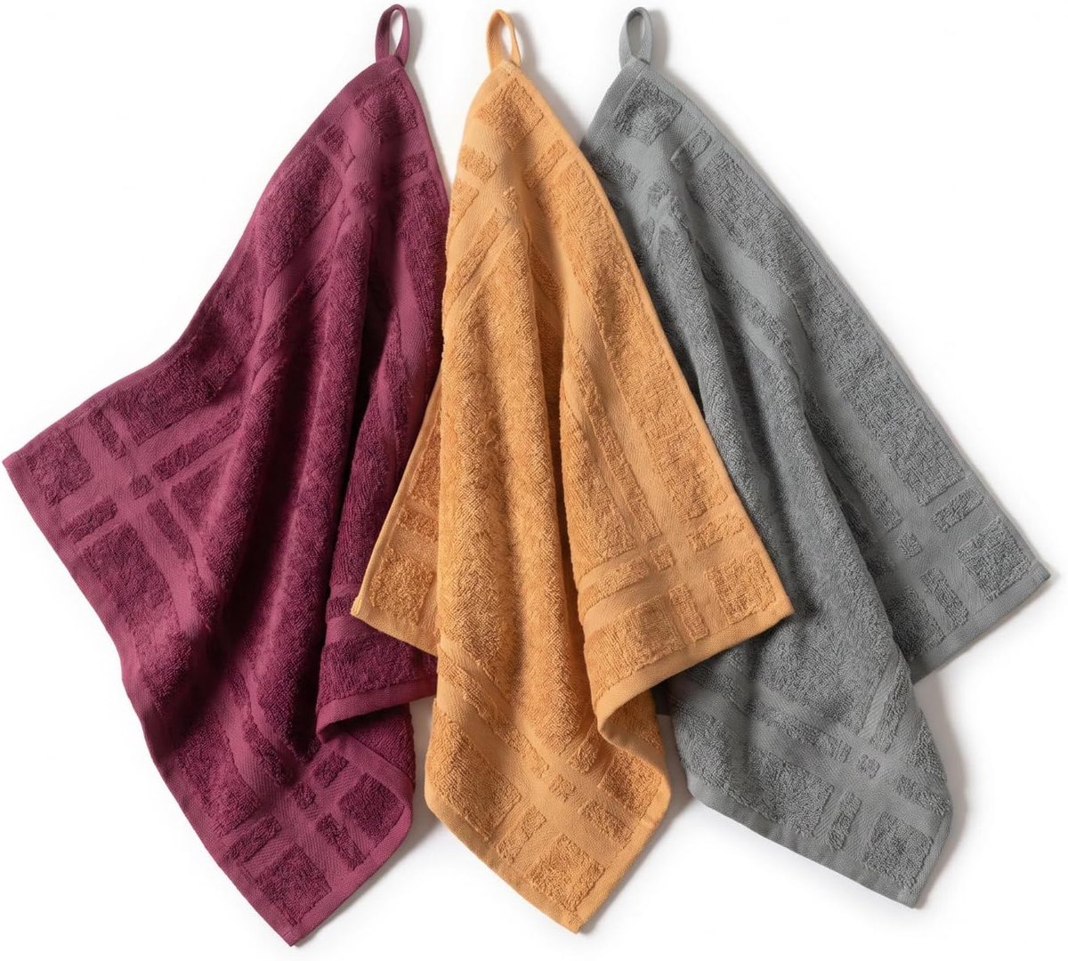 SnelShoppen - Keukenhanddoeken 100% Katoen, 3 Stuks Super Absorberend met Ophangnaad, 50 x 50 cm, Keukenhanddoek (Bordeaux, Mosterd, Grijs)