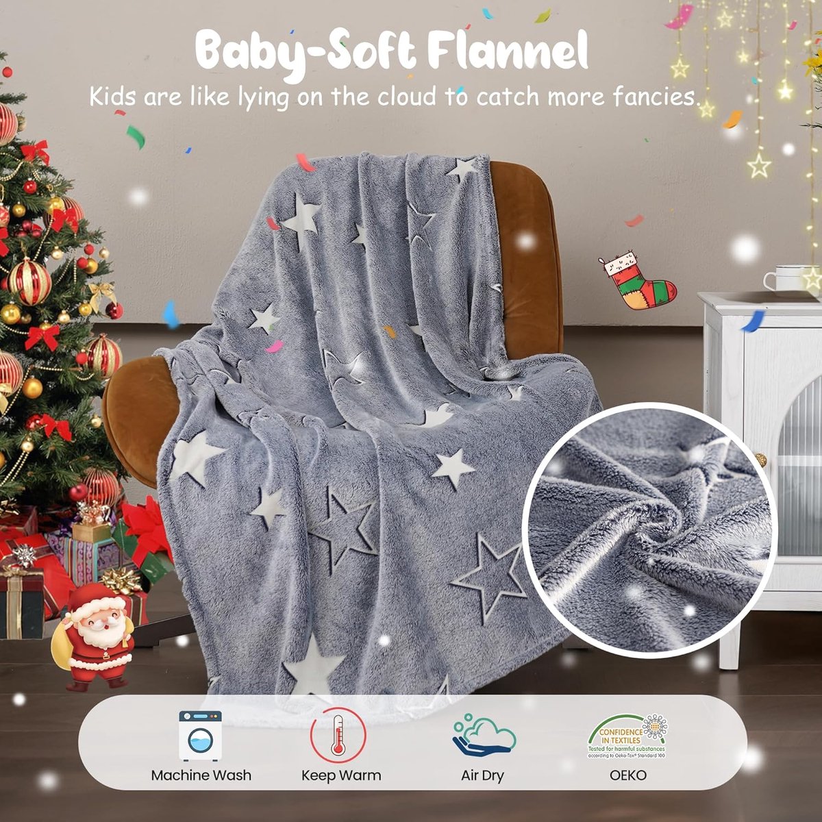 SnelShoppen - Glow in the Dark Fleece Dekentje voor Kinderen, Zacht Flanel, Warm & Comfortabel, Sterrenpatroon 130x170cm, Perfect voor Feestdagen en A