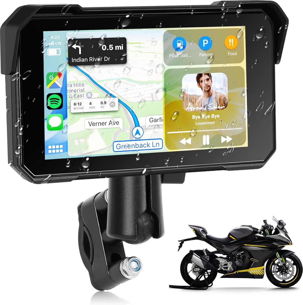 SnelShoppen - Rimoody Motor Navigatie 5 Inch Draadloze Carplay Android, IP68 Waterdicht, Bluetooth, Bandenspanning Monitoring, 12V Siri/Google