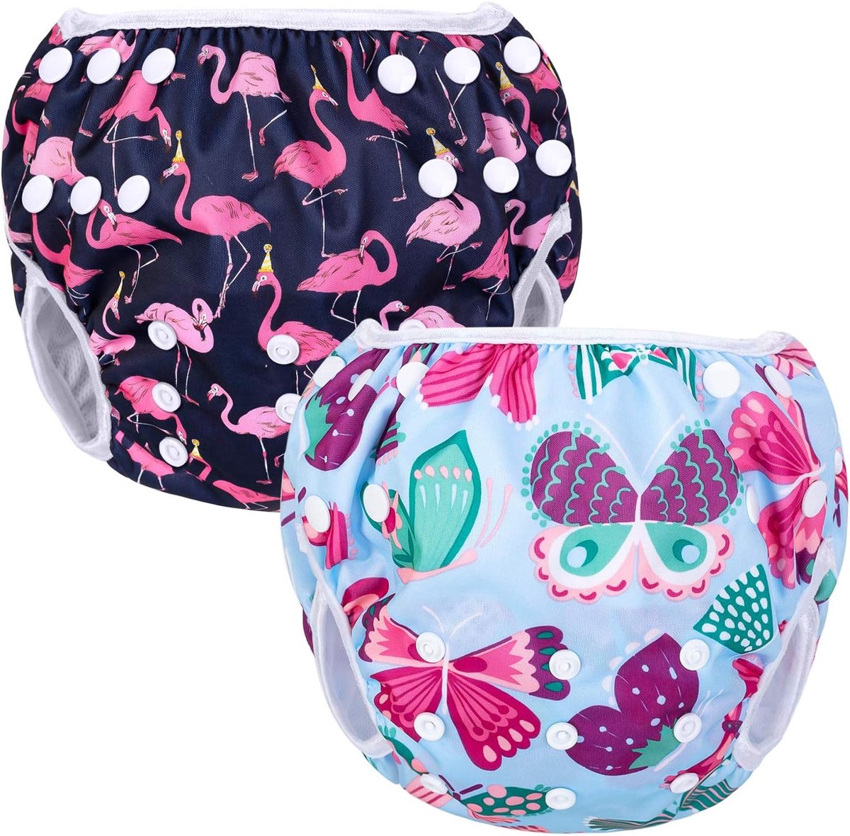 SnelShoppen - Herbruikbare Zwemluier voor Baby's 0-3 Jaar, Verstelbare Zwembroekjes, Wasbare Baby Zwemluier (2 Stuks) Vlinder + Flamingo
