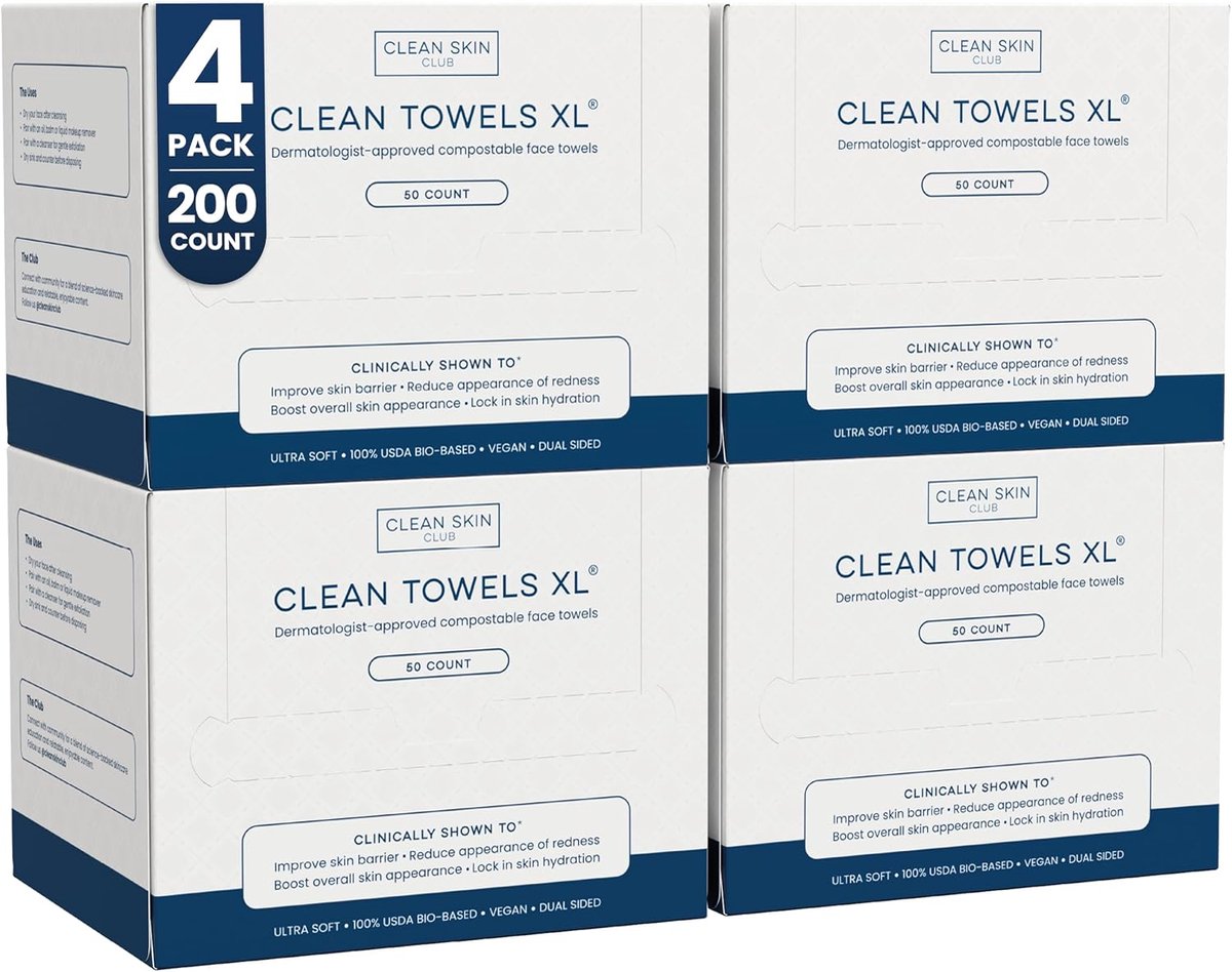 SnelShoppen - Clean Towels XL - 100% Biobased Dermatologisch Goedgekeurde Gezichtsdoekjes - Wegwerp Make-up Remover - 4 Stuks - Voor Stralende Huid -