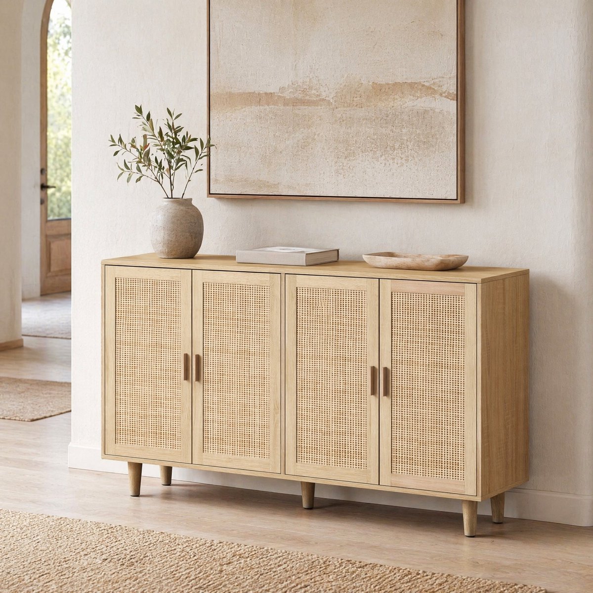 Wishdor - Dressoir - 4-deurs opbergkast met verstelbare plank - Scandinavische stijl - voor woonkamer, slaapkamer of hal - bewerkt hout met rotan - naturel - 158 x 40 x 88 cm