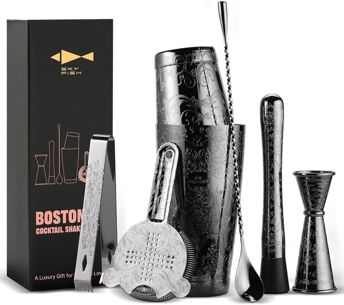 SnelShoppen - Boston Cocktail Shaker Set - 7-delige Professionele Bar Tools in Luxe Geschenkdoos - Zwart - Bartender Kit met Uniek Etched Design voor