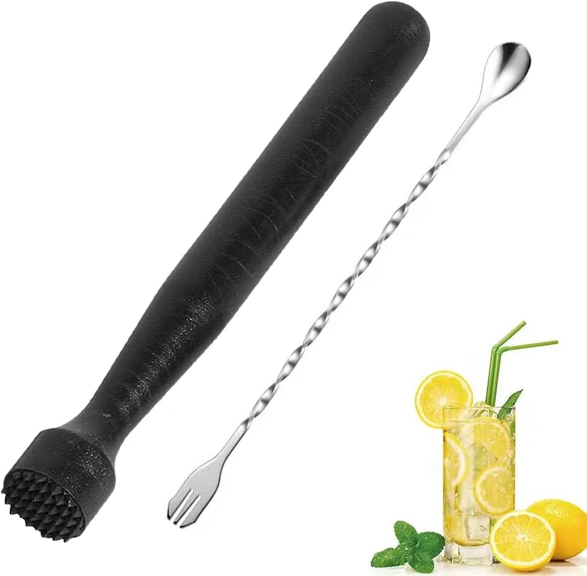 SnelShoppen - Professionele Cocktail Pusher en Tandenkraker Set van 2 met Polypropyleen Barlepel, Zwart - Ideaal voor Feest, Thuis of Cocktailparty