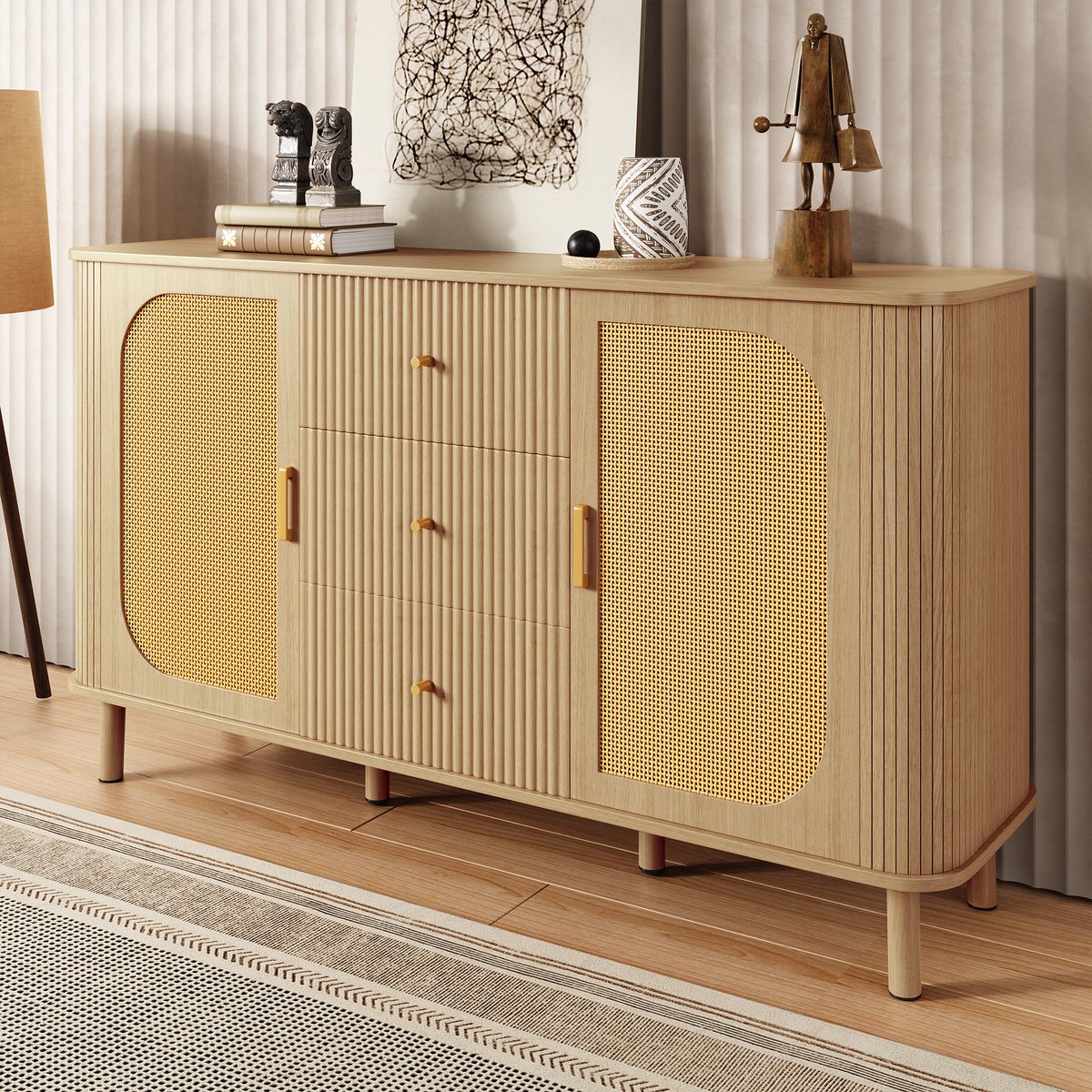 Wishdor - Dressoir - afgerond design - 3 lades en 2 deuren - Scandinavische stijl - woonkamer of eetkamer - houtlook en rotan - naturel - 140 x 40 x 80 cm