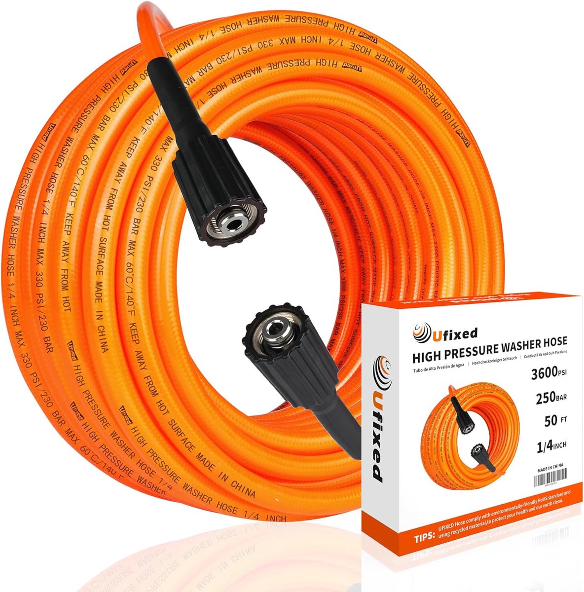 SnelShoppen - Super Flexibele M22 Hogedrukslang 50 FT, Kinkbestendig Oranje Slang 1/4 Inch M22 14MM Messing Rotatie Connector tot 3600 PSI, Lichtgewic