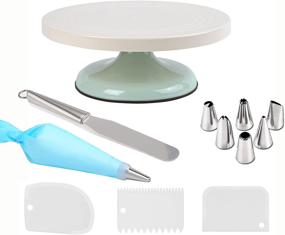 SnelShoppen - Rotating Cake Plate 10 Inch met 3 Cream Scrapers, Spuitmondjes Set, RVS Spatel en Silicone Bakzak - Lichtgroen voor Taart Decoratie en B