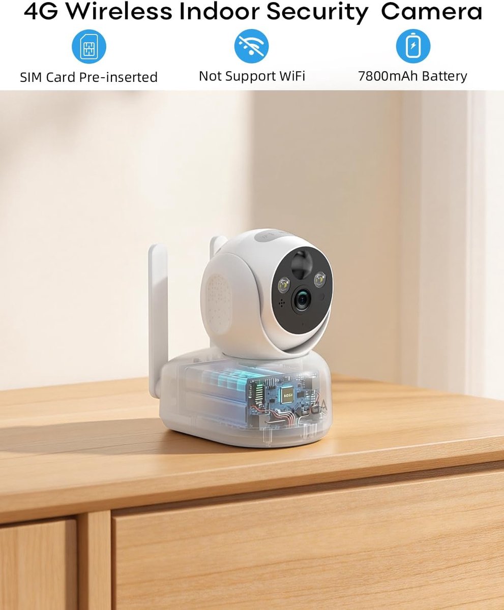 SnelShoppen - 4G Beveiligingscamera met SIM Kaart Binnen, 2K Indoor Hondencamera, 360 Graden, Real-time Alarm, 2-Weg Audio, Nachtzicht, Cloud & TF Geh