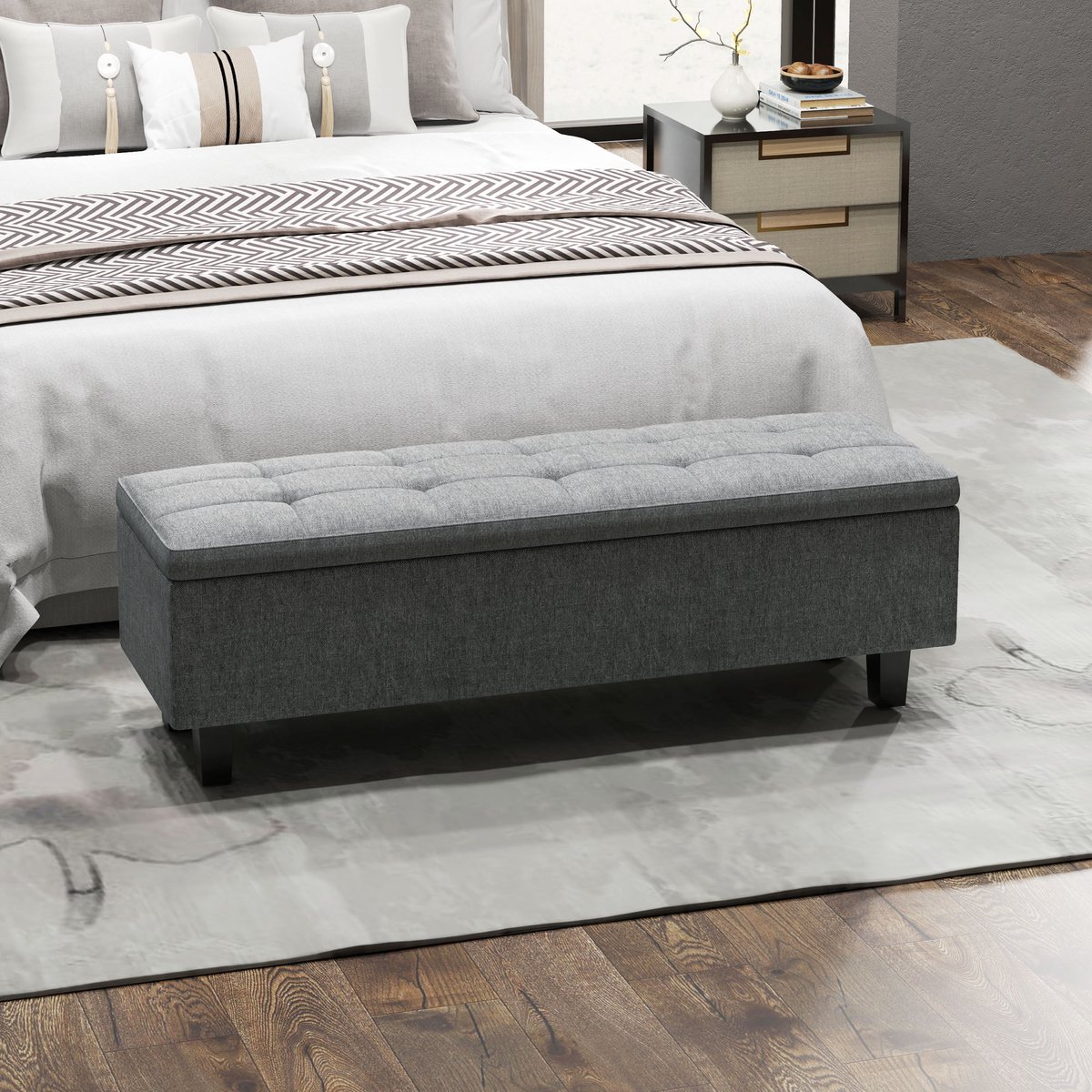 OKWISH Bedbank - 138 x 40 x 45 cm - Met Opbergruimte - Linnenlook en Massief Houten Poten - Donkergrijs - Voor Slaapkamer en Hal