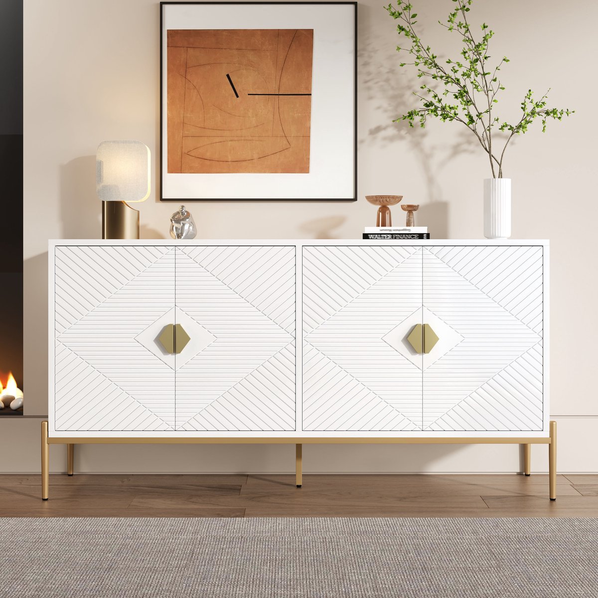 Wishdor - Dressoir - Geometrische opbergkast - 4 deuren - Mid-century modern - Woonkamer of hal - Houtlook met metalen poten - Wit - 162 x 40 x 80 cm