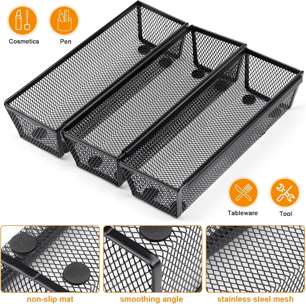 SnelShoppen - Set van 6 Bestekladen, Metaal Bestek Organizer voor Lades met Vergrendelbare Zijkanten, Uitbreidbare Bestekopslag Box, Zwart Roestvrij S