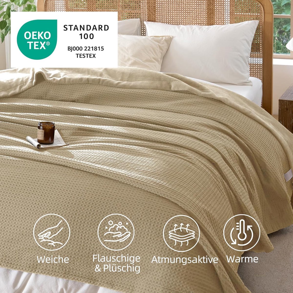 SnelShoppen - Katoenen Deken 150 x 200 cm, Knuffeldeken Wafelpatroon, Zachte Pluizige Warmte, Melkfluweel, Kaki, Perfect voor Bank en Bed