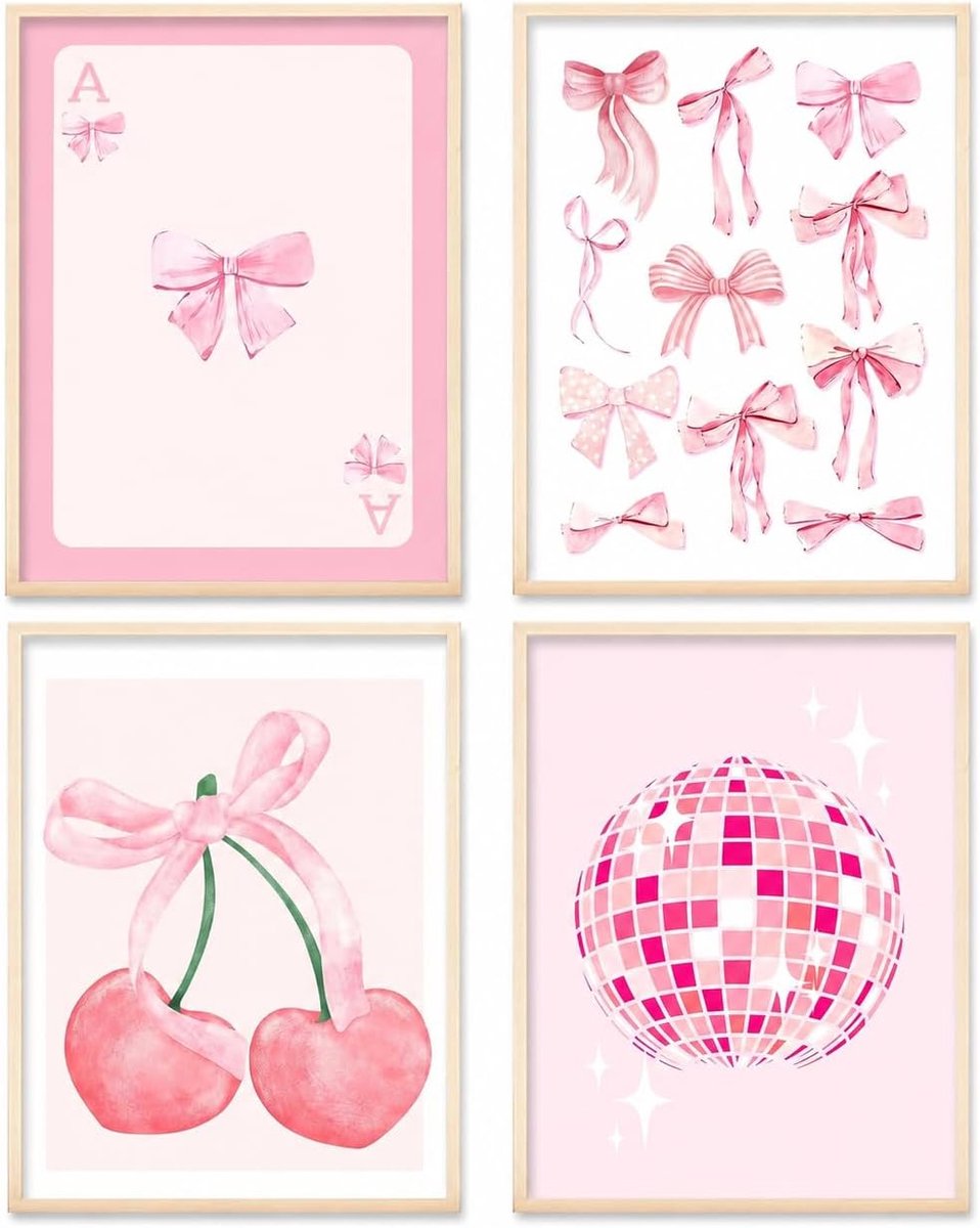 SnelShoppen - Coquette Trendy Poster 4er Set, Aesthetic Wanddecoratie met Roze Kersen en Disco Bal, 20x30CM, Modern en Speels Room Decor voor Schoonhe