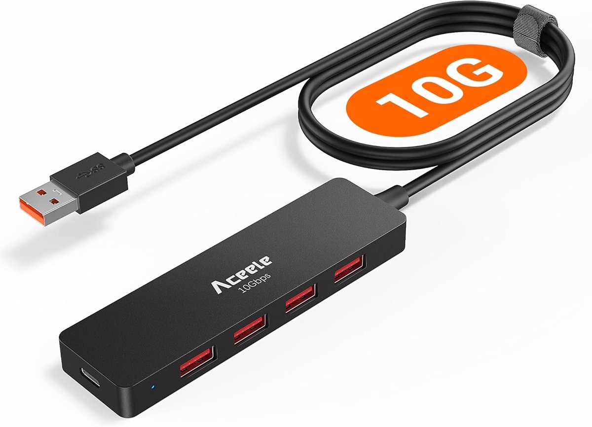 Thijox - USB-hub 3.2 splitter met 1,2 m verlengkabel, 4-poorts multiport adapter, ultraslank, Type C, 10 Gbps USBA-expander voor laptop, desktop, Chro