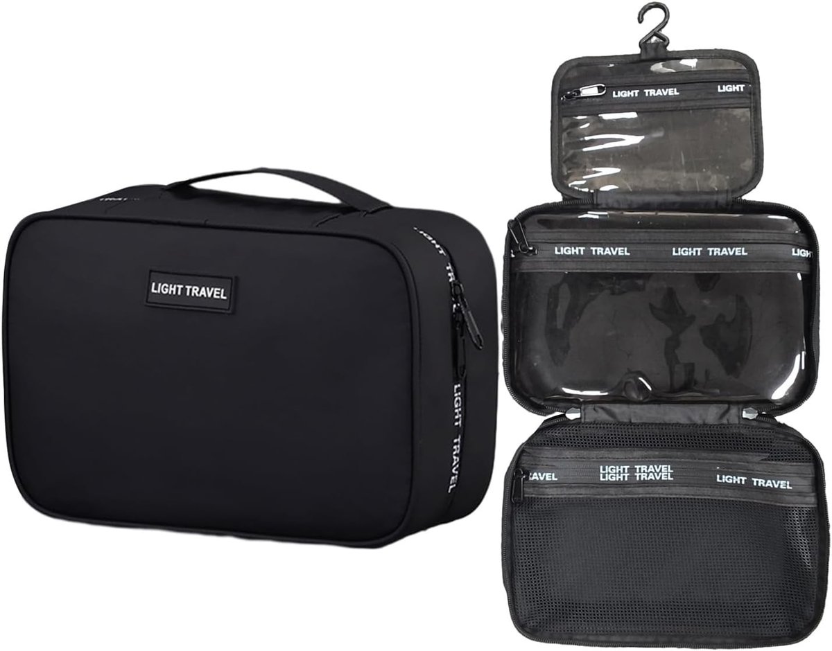SnelShoppen - Hangende Toilettas voor Mannen en Vrouwen, Grote Cosmetica Tas, Waterdichte Toilettas, Duurzaam Stoffen Beauty Case (Zwart)