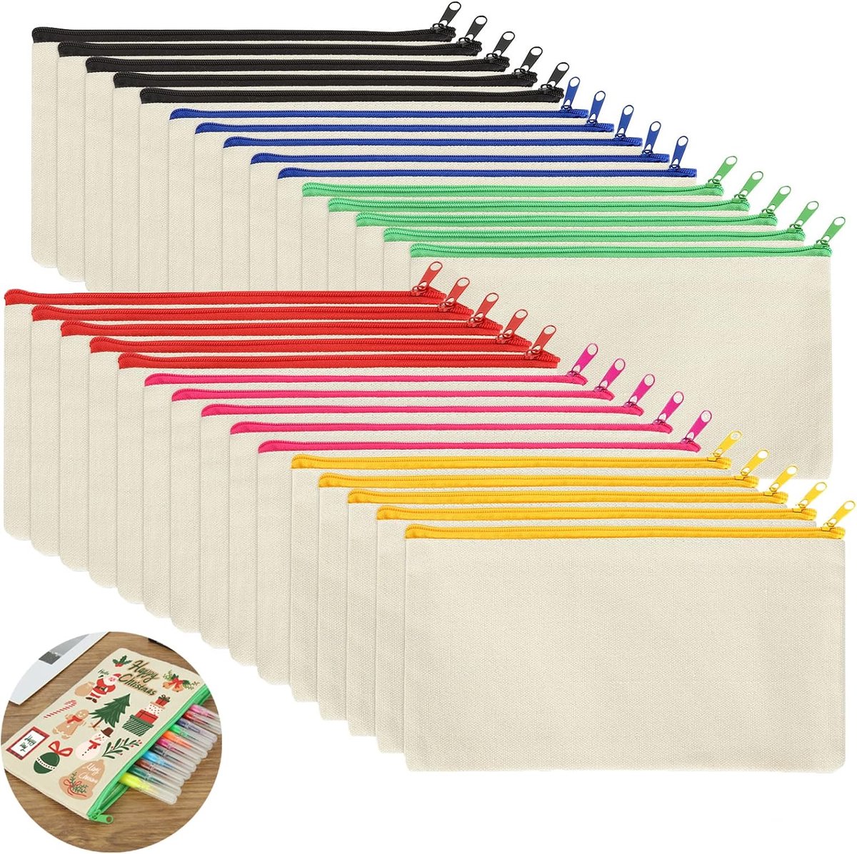 Ulisem - Etui Set 30 Stuks – Stoffen Pennenzak met Ritssluiting – Canvas Opbergtas – DIY Beschrijfbare Etui – Make-up Tas – Kleine Opbergtas voor School, Kantoor & Hobby