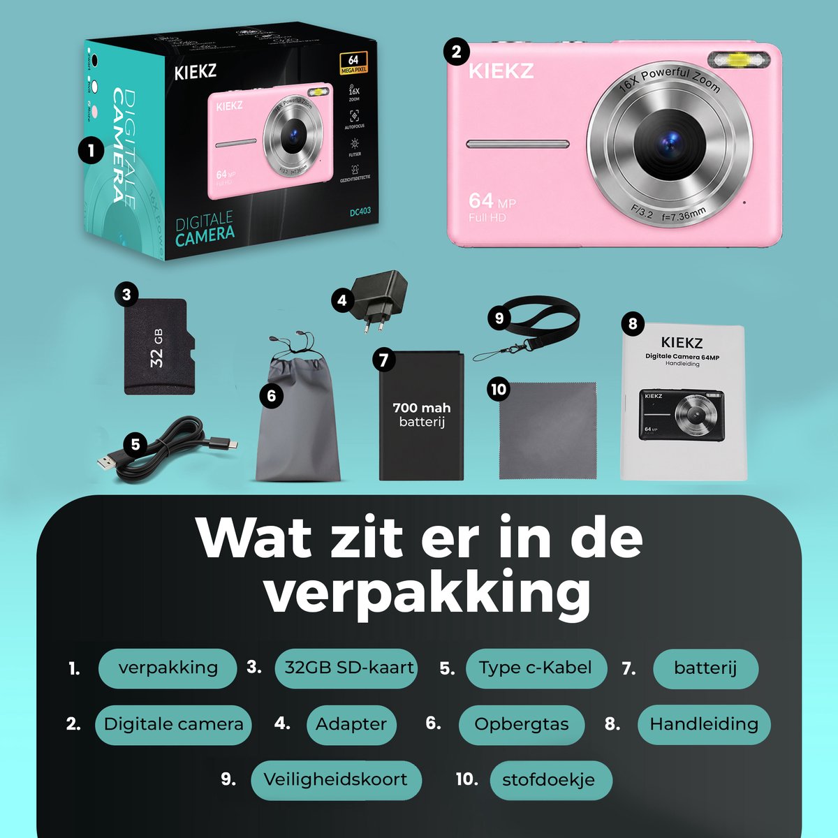 Kiekz Digitale Camera 64MP - Fotocamera Full HD - Mini Camera - Compact Camera - Fototoestel - Autofocus - Ideaal voor Kinderen en Beginners - Inclusief 32GB SD Kaart - Roze thumbnail 5