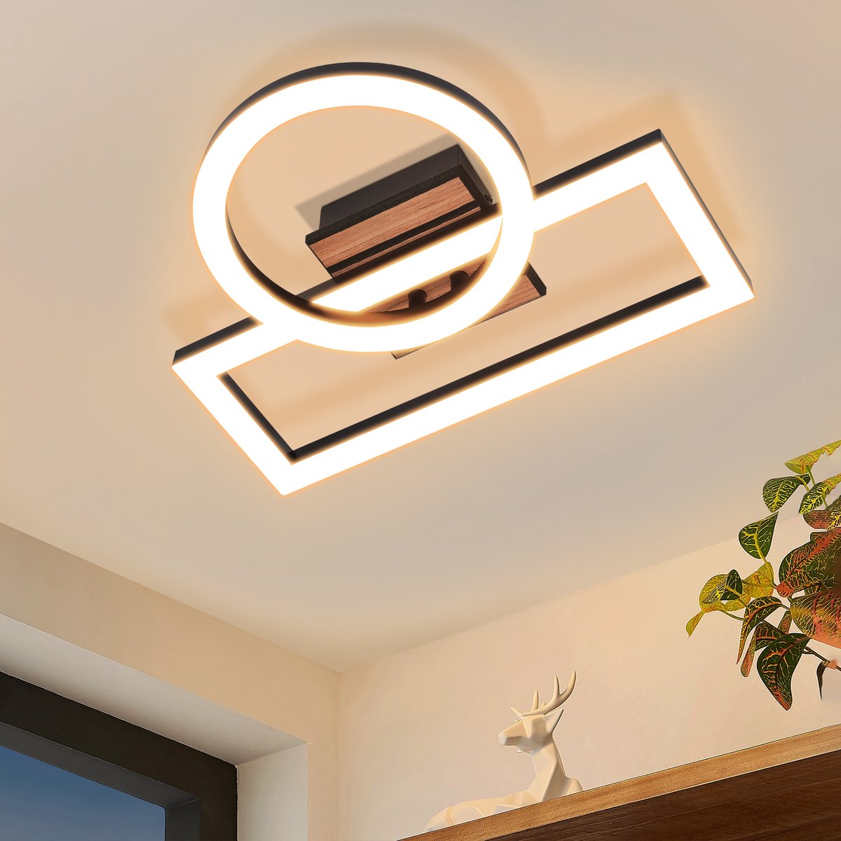 NETTLIFE LED Plafondlamp 34.5 cm - Ring & Rechthoek Design - Zwart met Houtlook - 14W - 3000K Warm Wit Licht - voor Slaapkamer | Woonkamer | Keuken | Gang