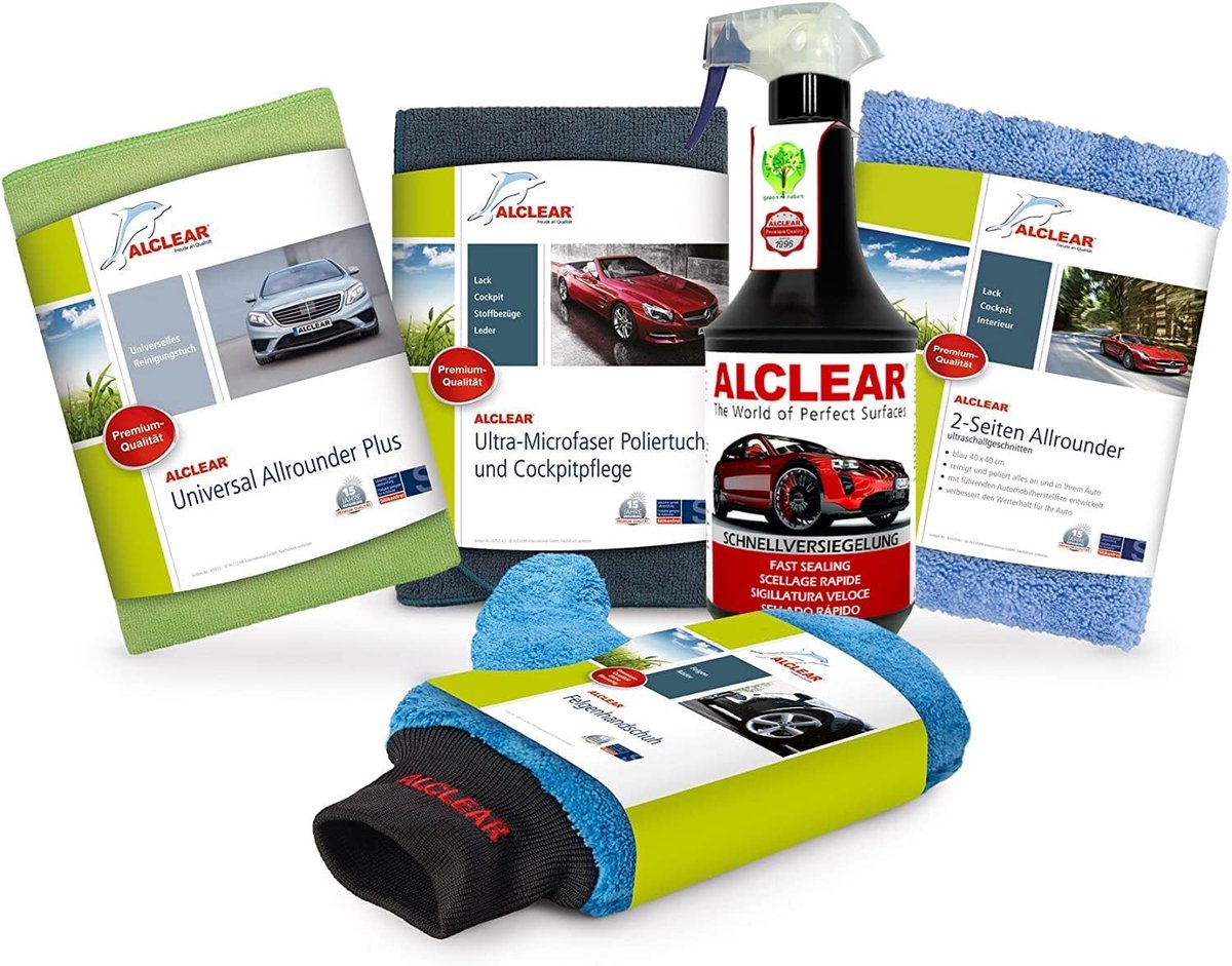 SnelShoppen - Car Care Set voor Diepe Glans met Lak en Ramen, Droogdoek, Polijstdoek, Lak Sealant, Velgenhandschoen, Cockpitdoek, 1L Biologisch