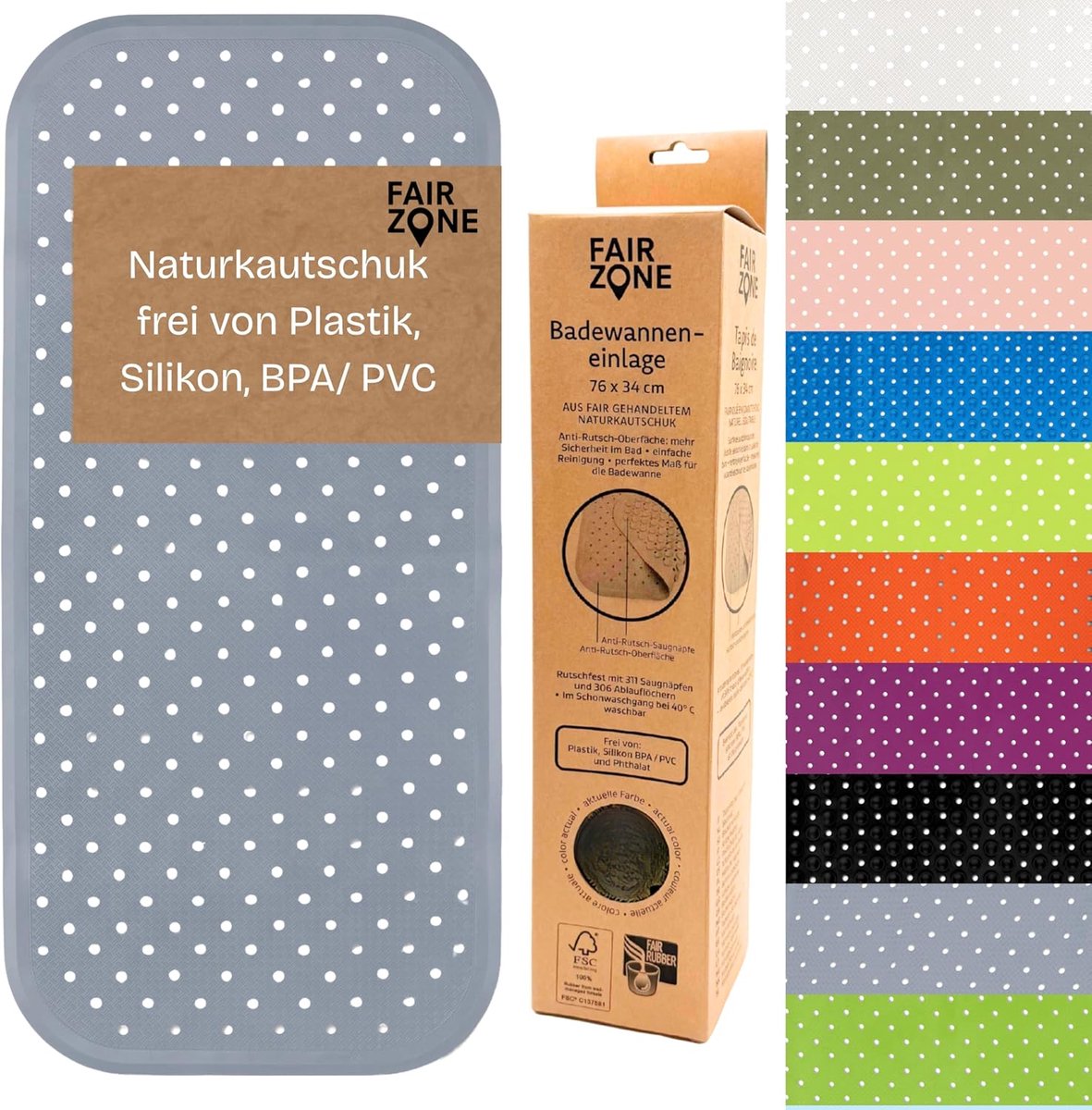 SnelShoppen - Badmat Antislip 76 x 34 cm, Plasticvrij FSC Natuurrubber, 100% BPA + PVC Vrij, Luxe Grijs, Voor Badkamer & Kinderen