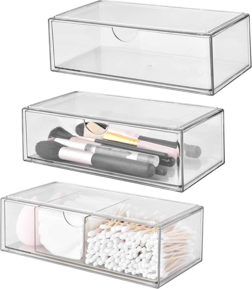 SnelShoppen - Badkamer Organiser Mini Set van 3 - Acryl Stapelbaar Transparant - Met Lades voor Makeup, Schoonheidsproducten en Accessoires - Ideaal v