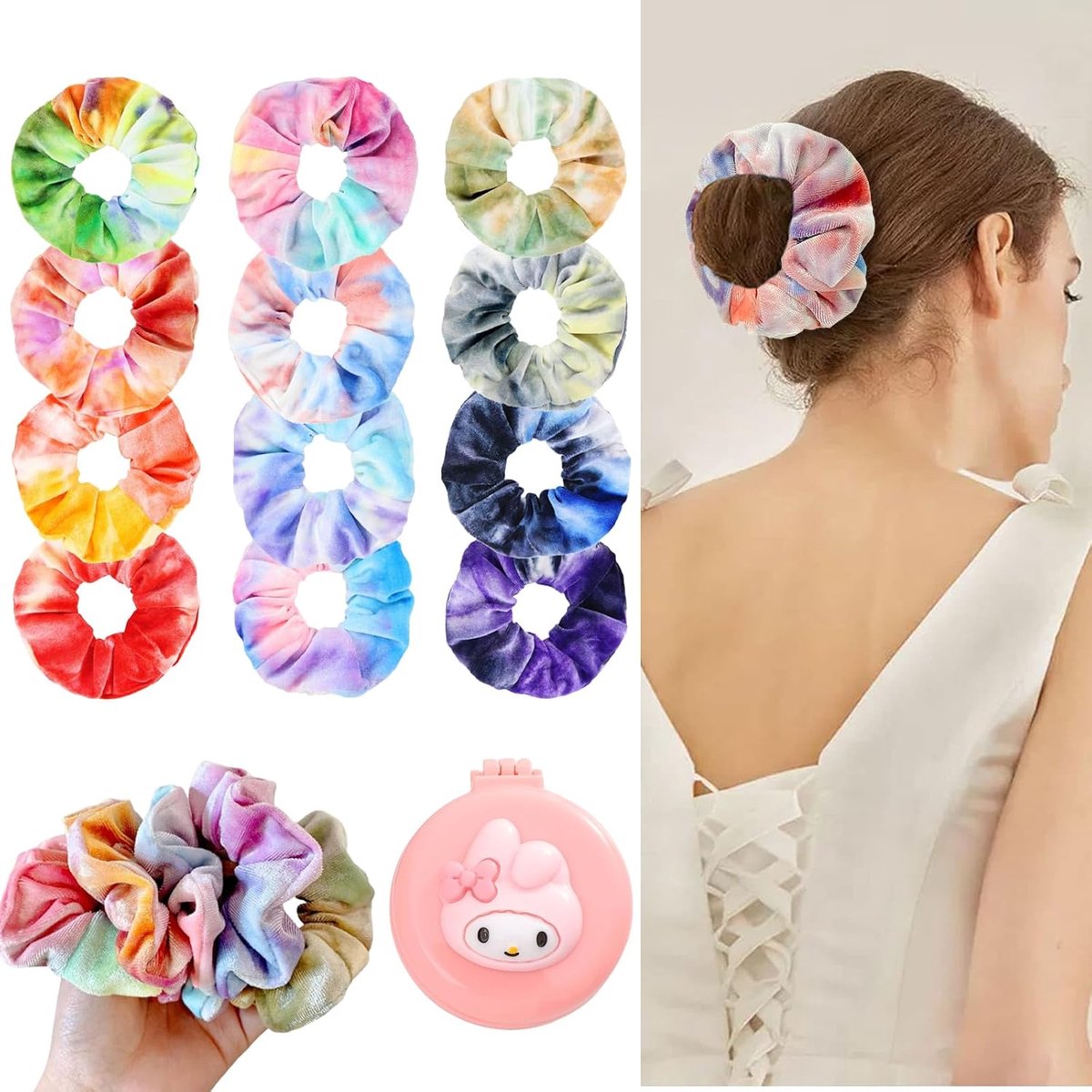 SnelShoppen - Haarbanden, Scrunchies en Tie Dye Haaraccessoires voor Meisjes en Vrouwen, Geschikt voor Krullend en Steil Haar, 12 Kleuren, 11-25 cm, Z