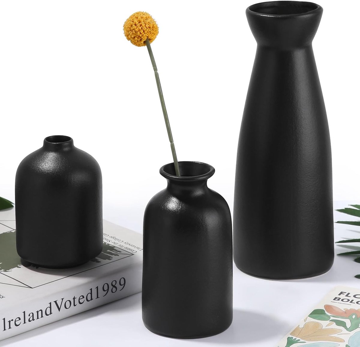 SnelShoppen - Set van 3 Zwarte Keramische Vazen, Scandinavisch Modern en Minimalistisch, Home Decor, Voor Bloemen en Boho Decoratie, Tafelversiering e