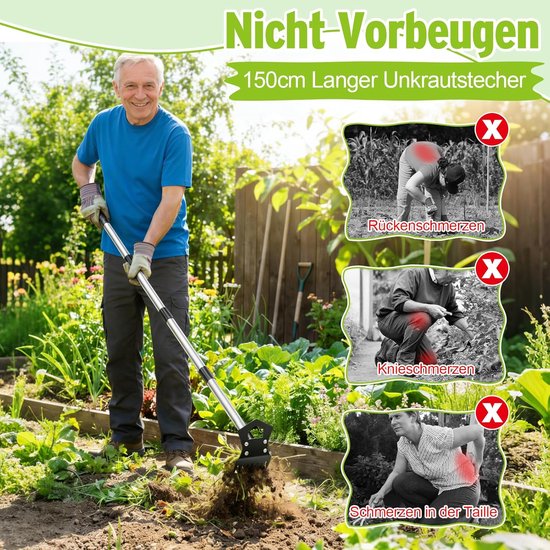 SnelShoppen - Onkruidverwijderaar 150 cm, 2-in-1 Onkruidstecher met Lange Handgreep, Onkruidhark en Tuinhekel, Tuin Gereedschap voor Efficiënte Onkrui van Snelshoppen — afbeelding 4