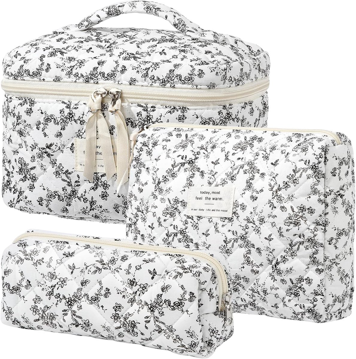 SnelShoppen - Cosmetic Bag Set van 3 Dames Toilettas, Bloemmotief, Gequilt, Portable Reis Toilettas voor Dagelijks Gebruik, Wit Zwart Bloemen, Perfect