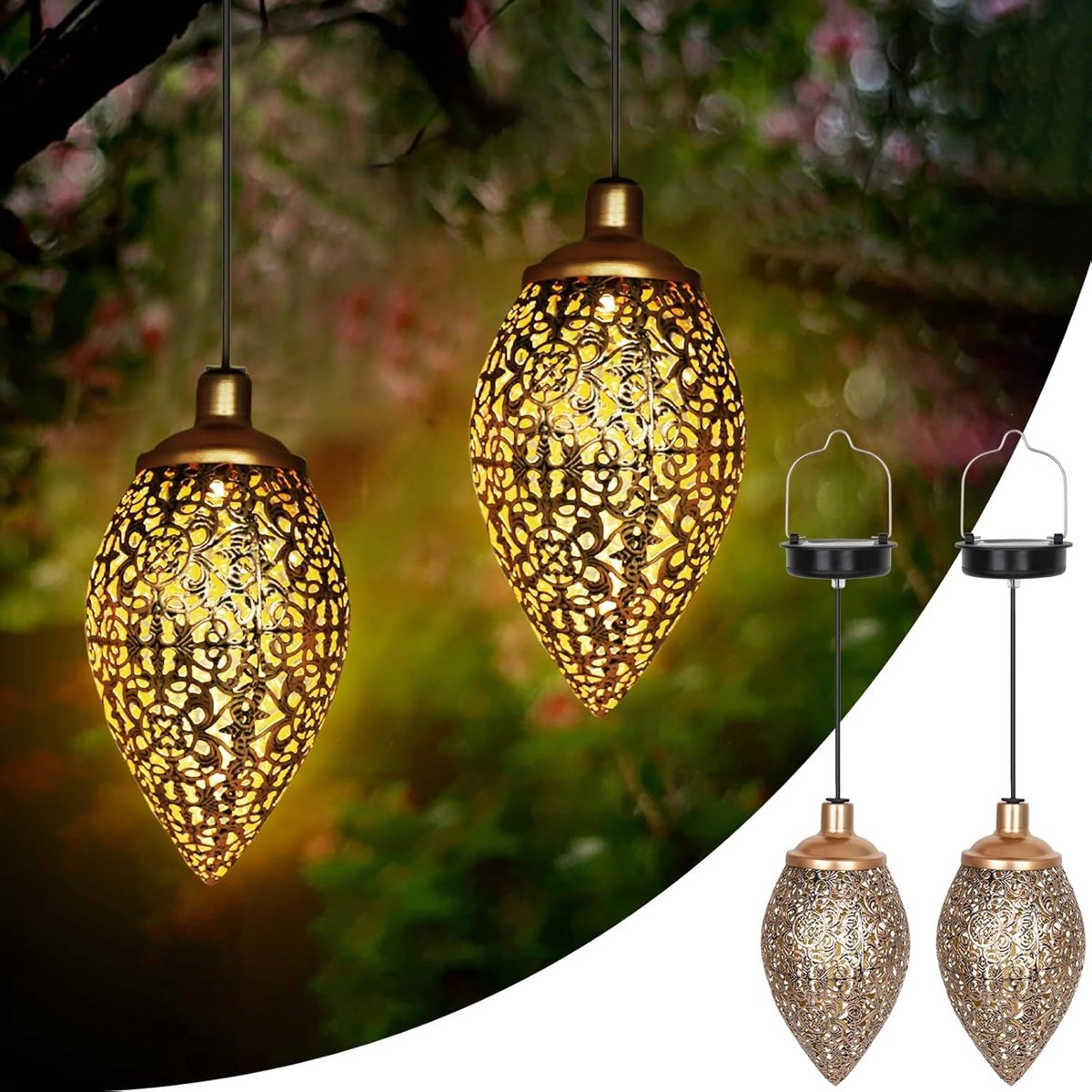 SnelShoppen - 2 Stuks Buiten Solar Lantaarns - Vintage Metaal Warm Wit LED - Weerbestendige Tuinverlichting voor Hangende Decoratie - Perfect voor Cam