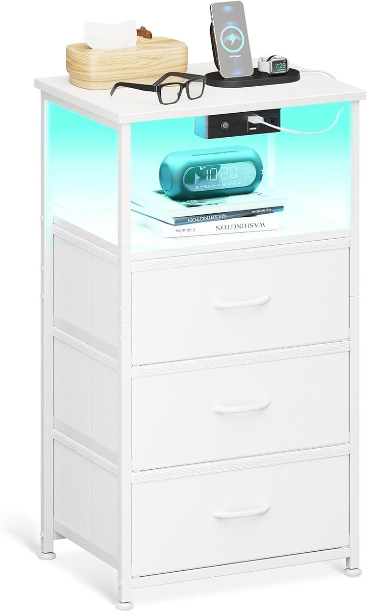SnelShoppen - Witte Nachtkastje met Stopcontact, 2 USB Poorten en LED Stripverlichting, 3