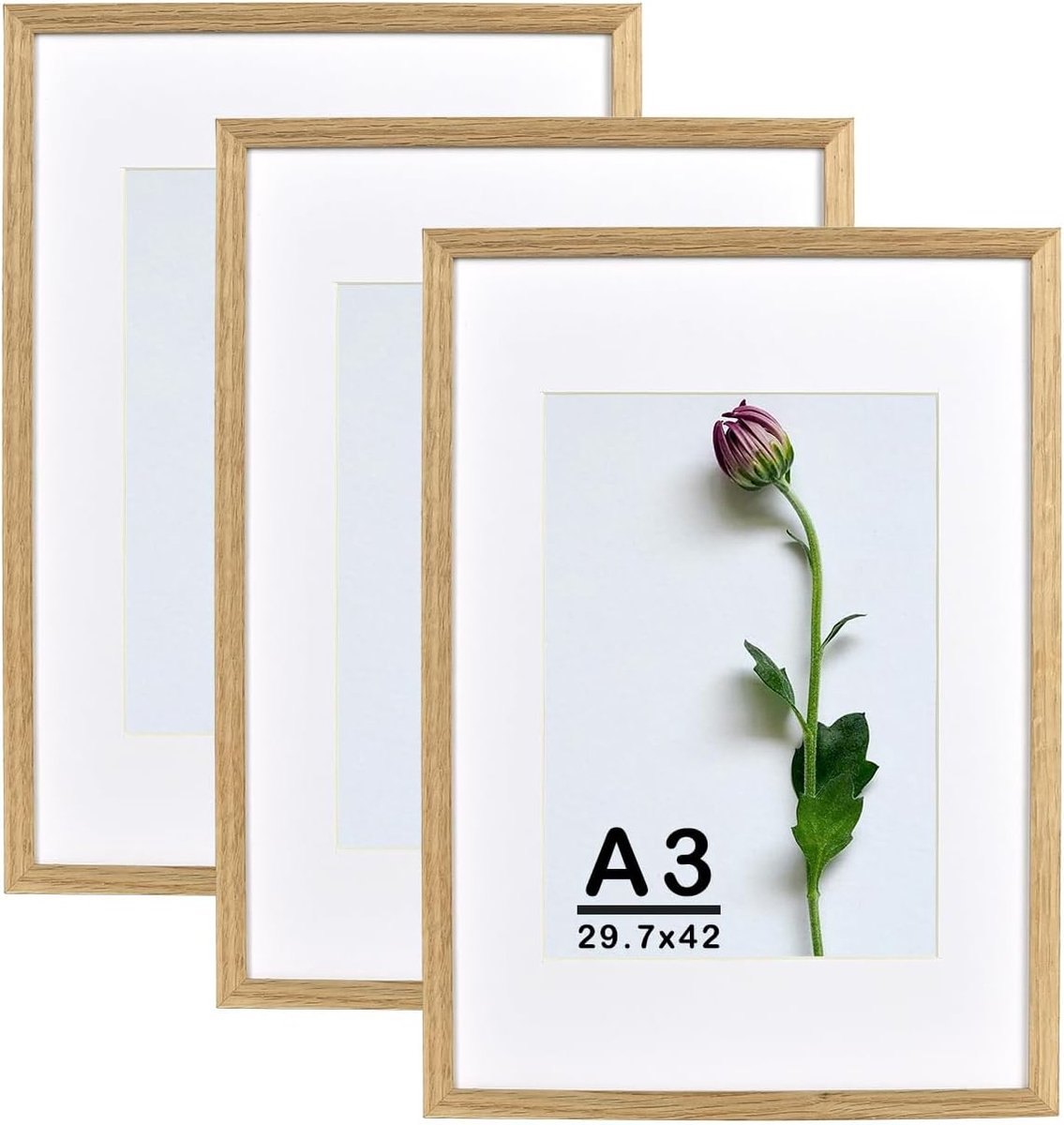 SnelShoppen - Set van 3 A3 Lijsten 29.7 x 42 cm Natuurlijk Eikenhout met Acrylaatglas en Passe-Partout voor A4 Foto's en Posters - Hangen voor Collage