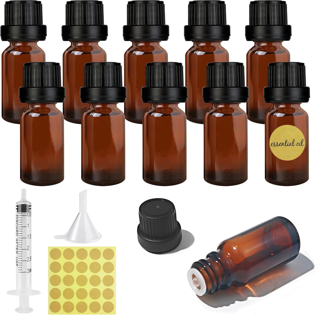 Thijox - 10 Stuks 10ml Bruine Flessen, Lege Glazen Flessen voor Etherische Oliën, Kleine Reserveflessen met Spuit en Trechter voor Parfum en Oliën