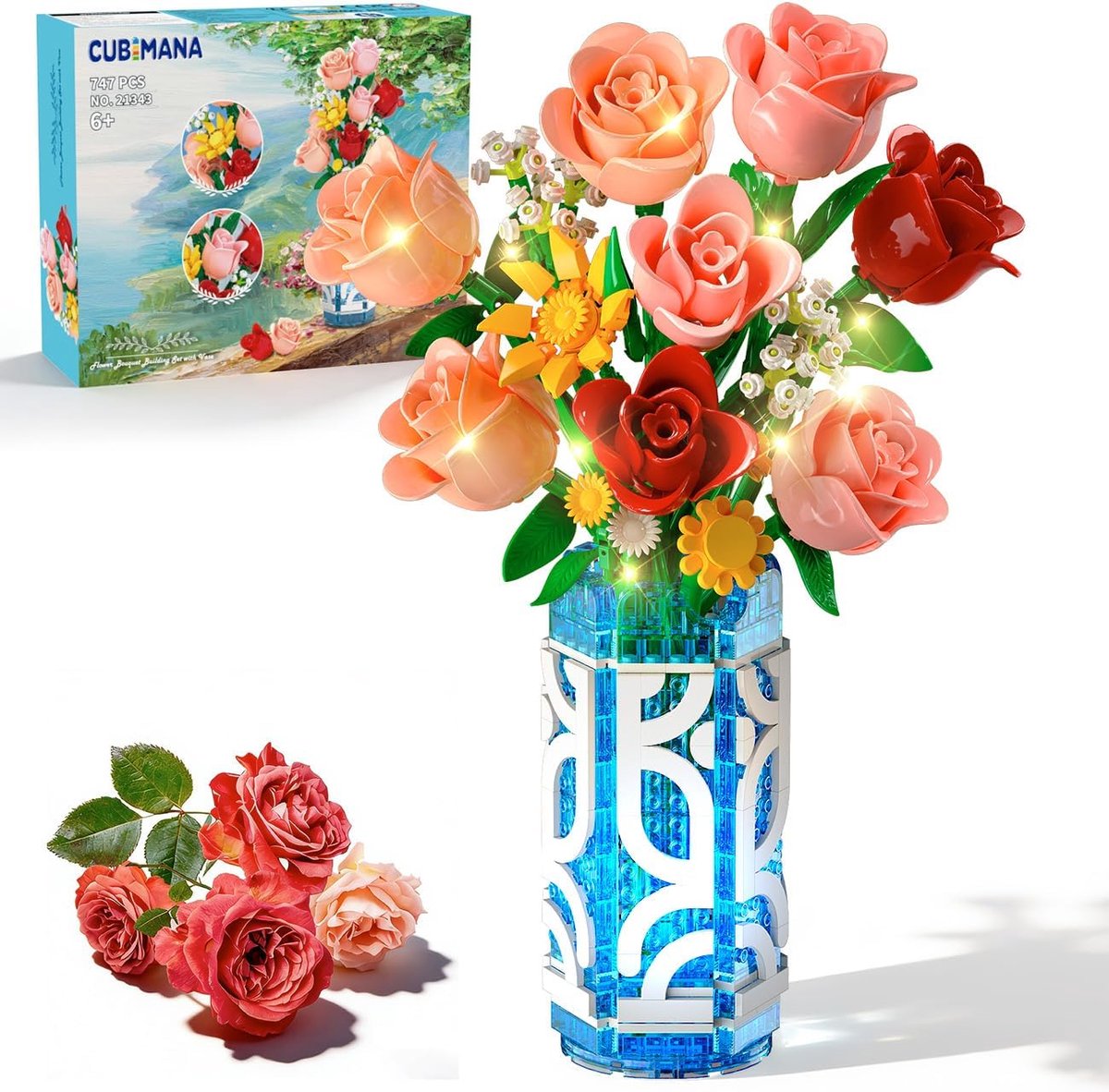 SnelShoppen - CUBIMANA Bloemenboeket Bouwset met Vaasje & LED Licht, 14 Mini Rozen Bouwblokken, DIY Kunstbloemen voor Kantoor Decoratie, Valentijnsdag