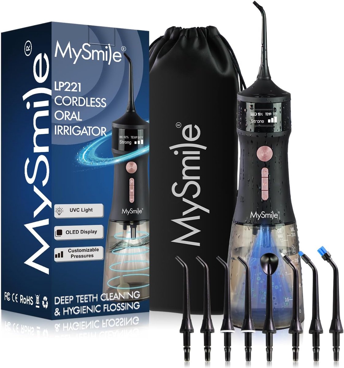 SnelShoppen - Draadloze Water Flosser voor Tanden - UVC Hygiënisch, 333 ml, OLED Display, 4 Modus, 8 Spuitpunten - Ideaal voor Thuis en Op Reis