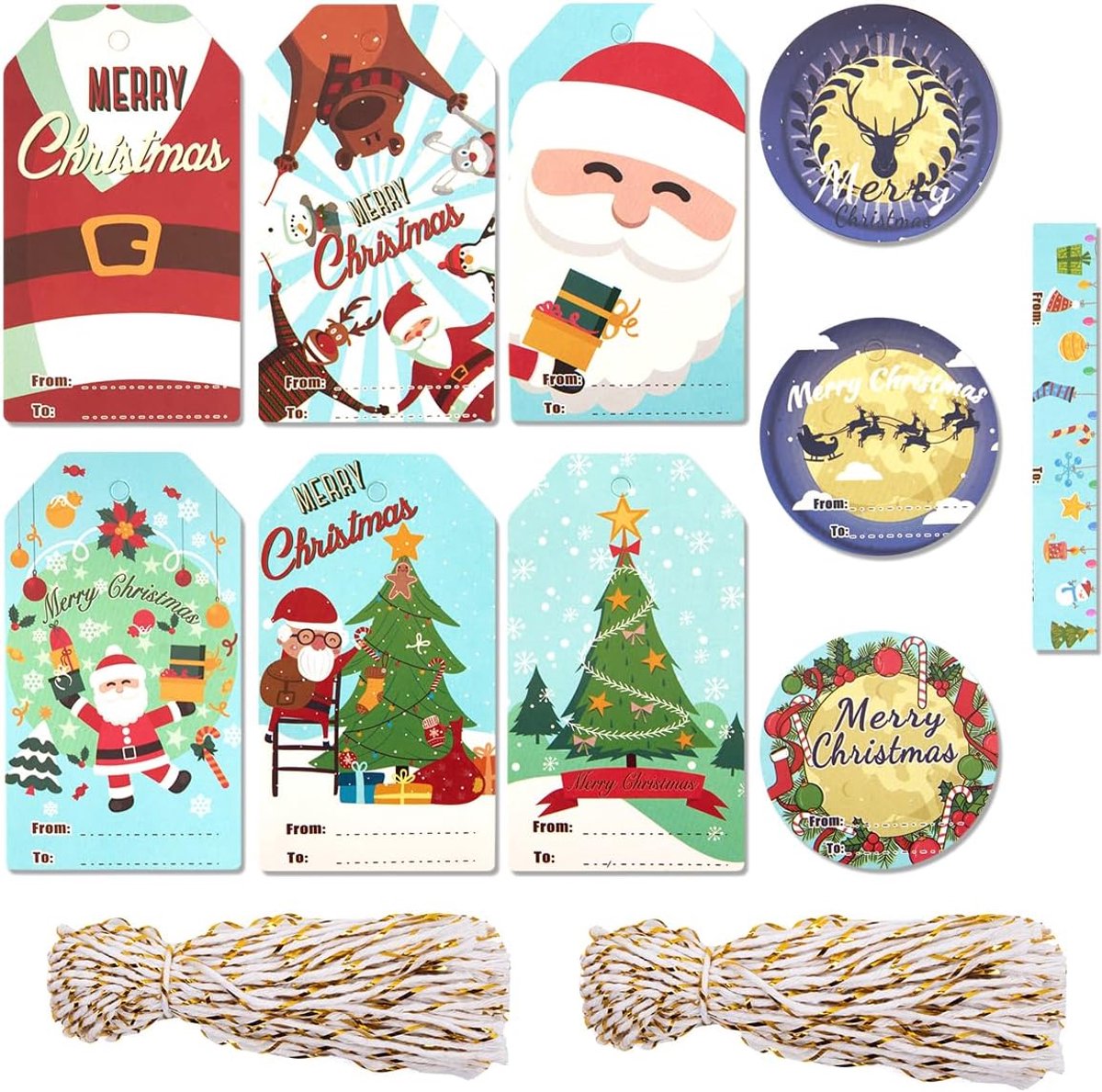 SnelShoppen - 100 Stuks Kerst Cadeaulabels met String - Feestelijke Patronen in 10 Ontwerpen - Perfect voor Kerst, Verjaardagen en Cadeaus
