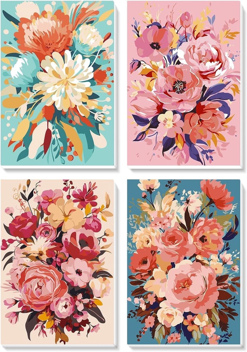 SnelShoppen - Schilderen op Nummer voor Volwassenen - 4 Stuks DIY Olieverf Kit 20x30CM - Inclusief 9 Penselen en Acrylverf - Kreukvrije Canvas Set voo