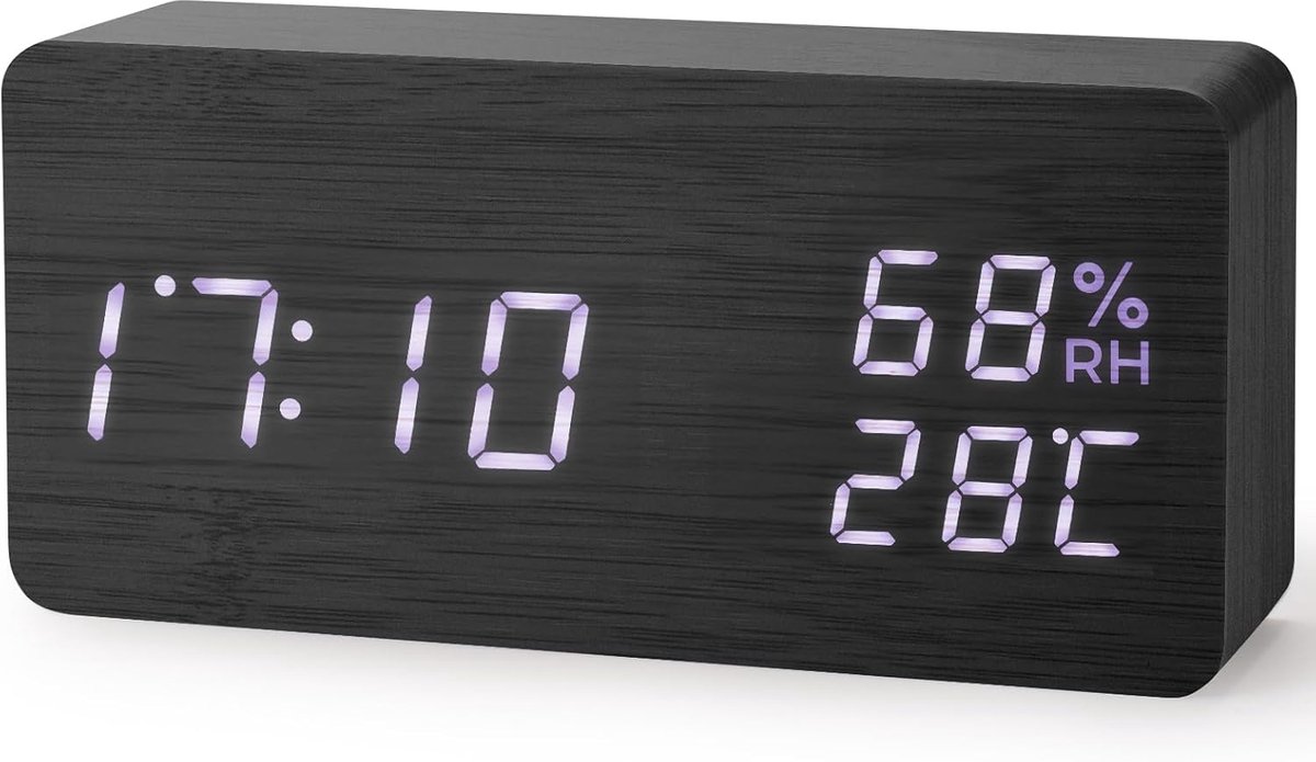 SnelShoppen - Digitale Houten Wekker Met LED Display, Spraakbesturing, 12/24 Uur, Temperatuur, Luchtvochtigheid, USB Oplaadpoort, Zwart - Ideaal Voor