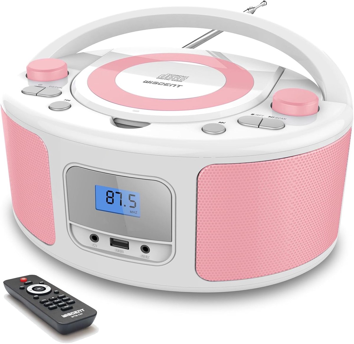 SnelShoppen - Draagbare CD-speler Boombox met Bluetooth, Afstandsbediening, FM-Radio, USB en MP3-weergave, Roze/Wit voor Feest, Camping en Thuisgebrui