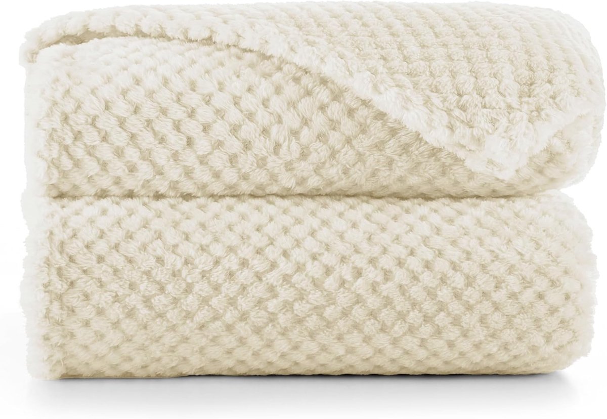 SnelShoppen - Knuffeldeken 220x240 cm Beige Microvezel Fleece Woondeken Sprei Scandinavische Stijl Licht en Zacht voor Binnen Buiten Tuin Balkon